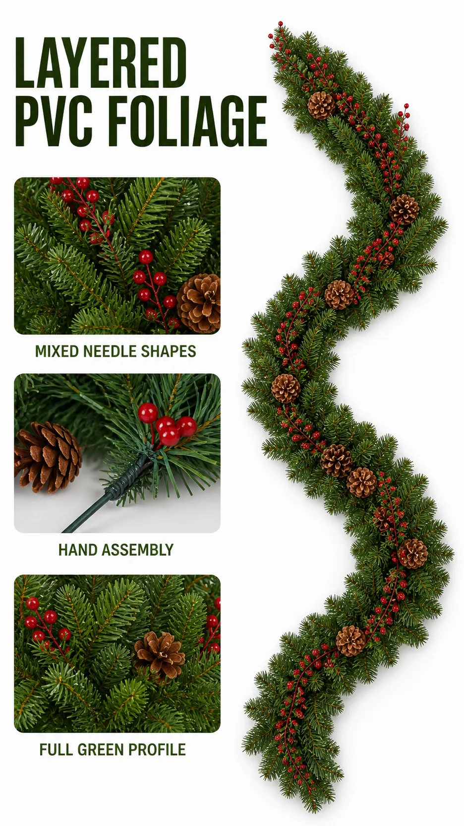 2.7m Artificial Christmas Garland with Pinecones and Red Berries PVC Foliage for Mantel Staircase Decoration product detail 2