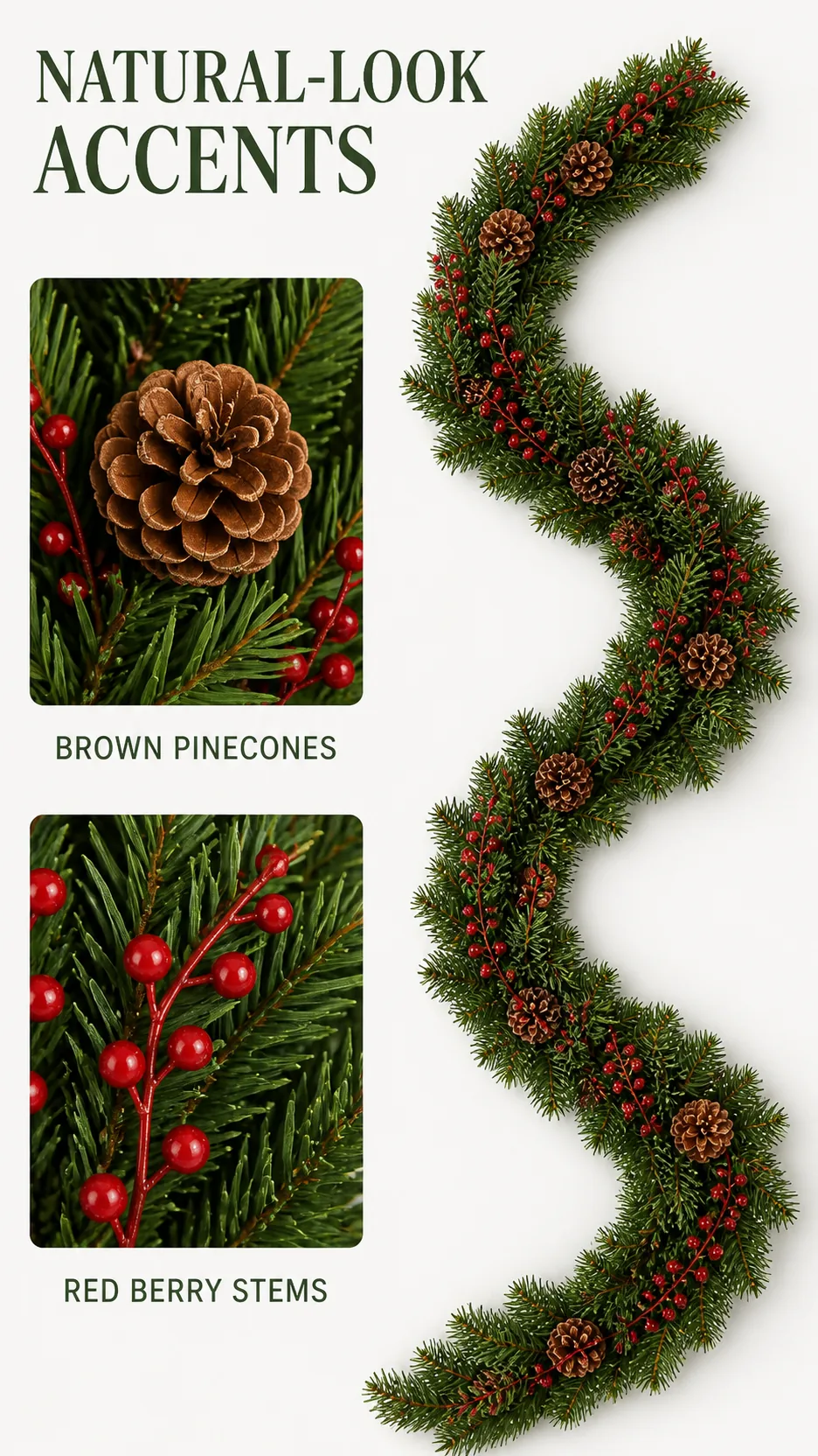 2.7m Artificial Christmas Garland with Pinecones and Red Berries PVC Foliage for Mantel Staircase Decoration product detail 3