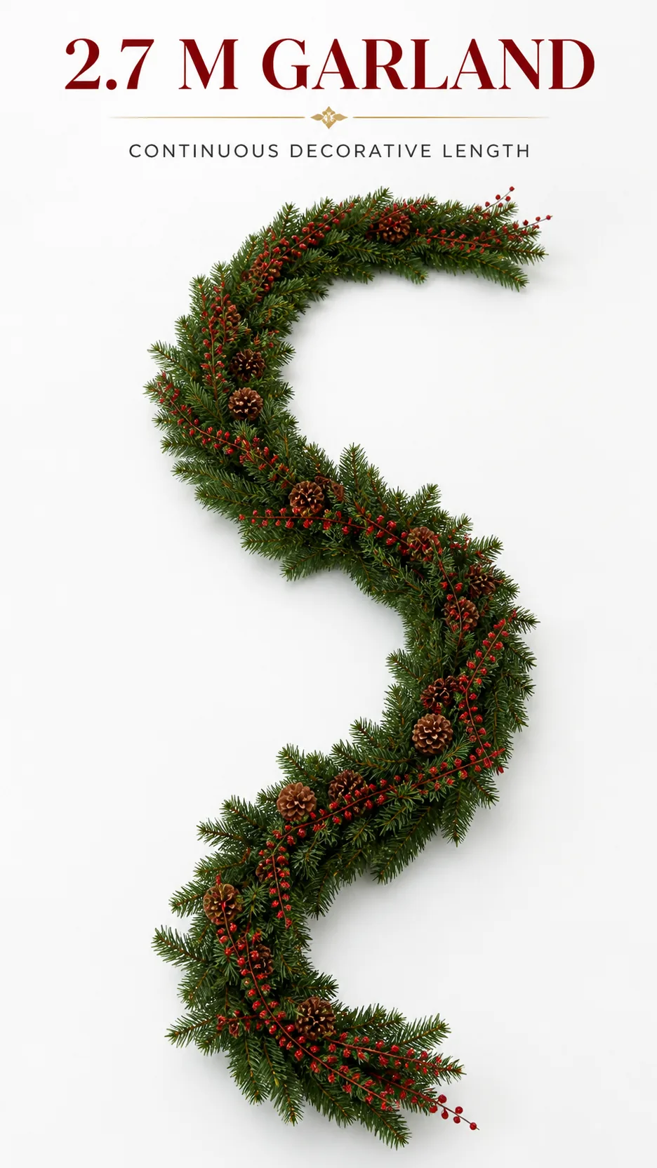 2.7m Artificial Christmas Garland with Pinecones and Red Berries PVC Foliage for Mantel Staircase Decoration product detail 4