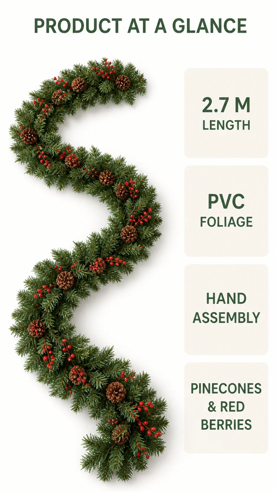 2.7m Artificial Christmas Garland with Pinecones and Red Berries PVC Foliage for Mantel Staircase Decoration product detail 8