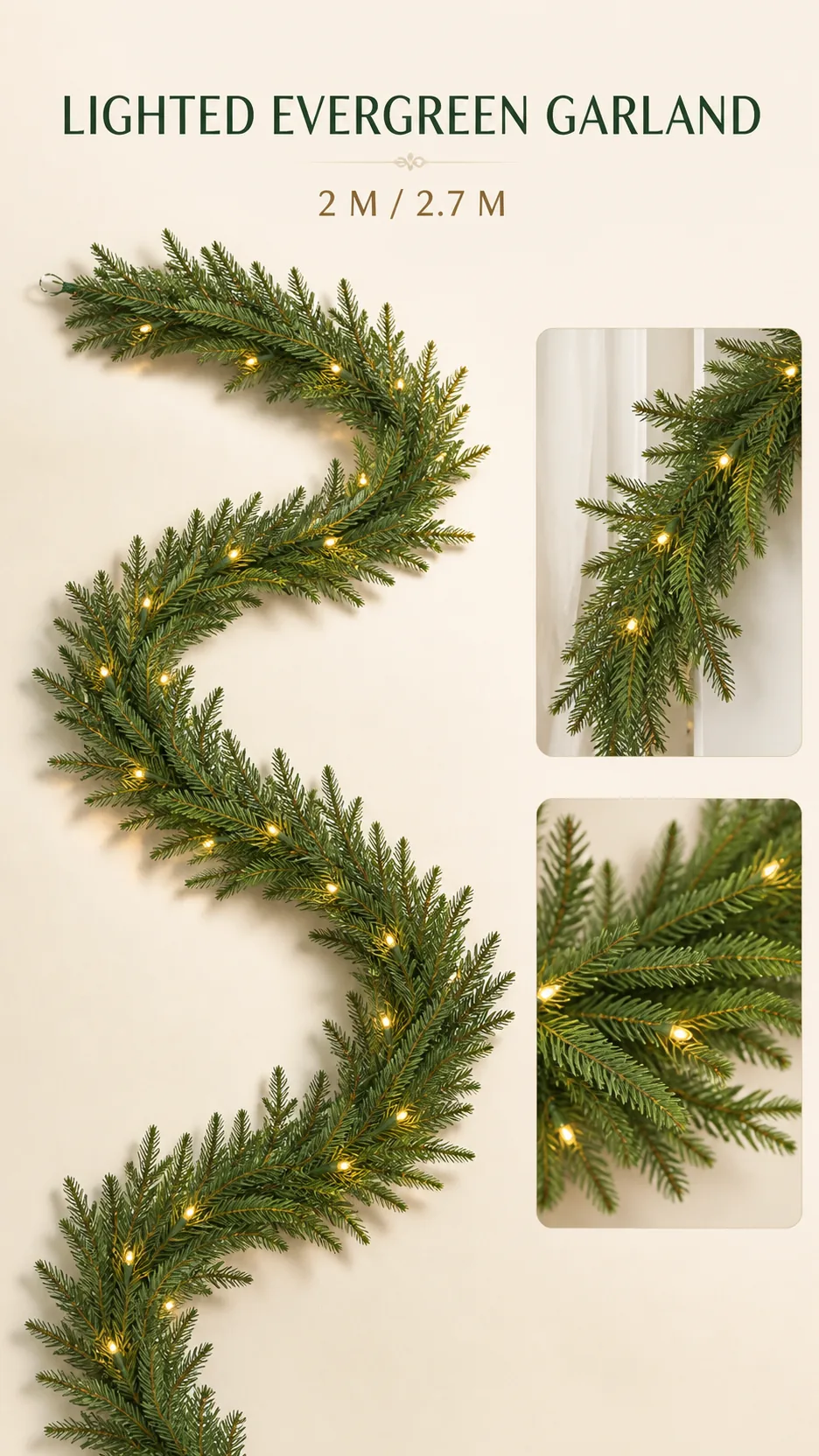 2.7M Pre-lit Artificial Christmas Garland with Warm White LED Lights for Mantel Staircase and Door Decoration product detail 1