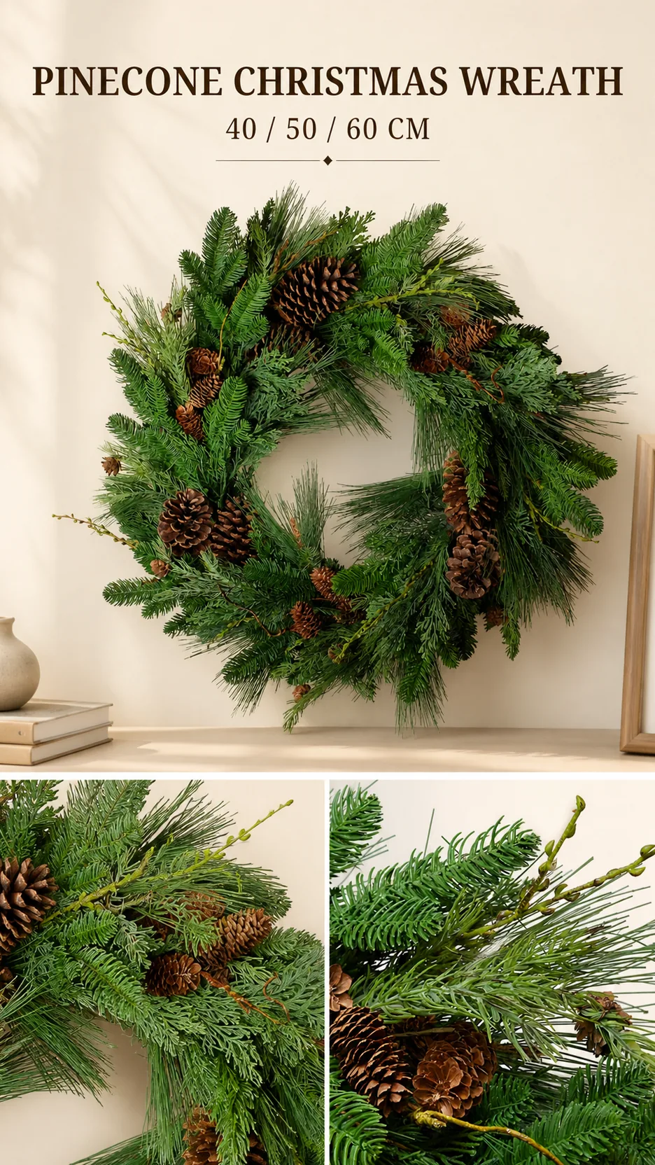 Customizable Artificial Pine Cone Christmas Wreath PE Foliage Door Hanging Decoration product detail 1