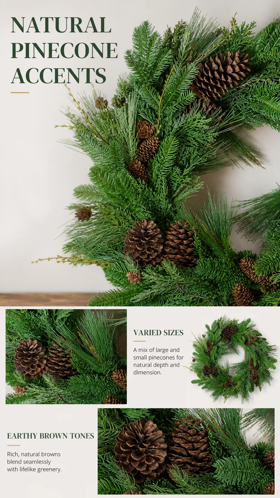 Customizable Artificial Pine Cone Christmas Wreath PE Foliage Door Hanging Decoration product detail 3