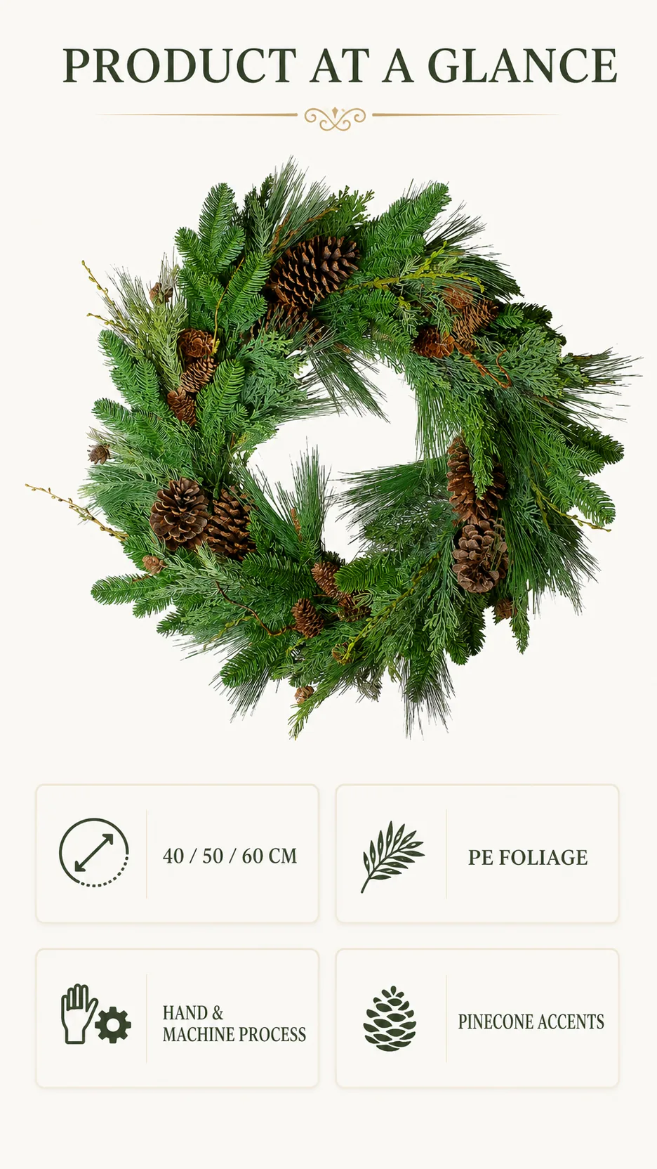 Customizable Artificial Pine Cone Christmas Wreath PE Foliage Door Hanging Decoration product detail 8