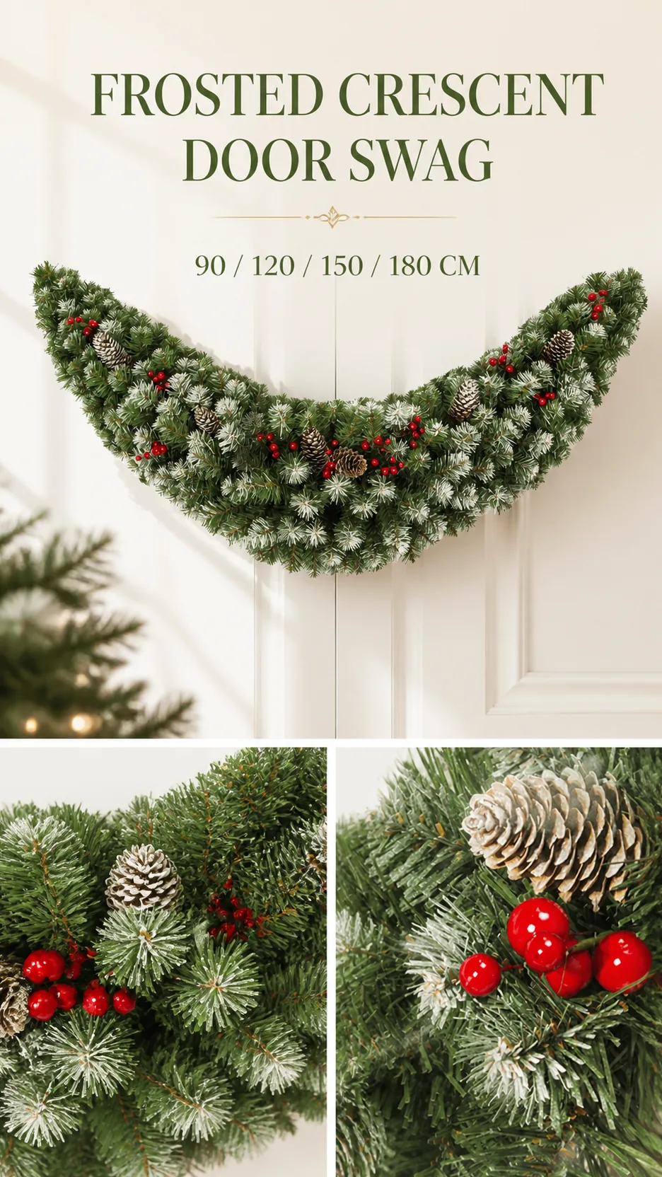 Custom Frosted Crescent Door Swag Artificial Christmas Garland with Pinecones and Red Berries for Mantel and Commercial Entrance product detail 1
