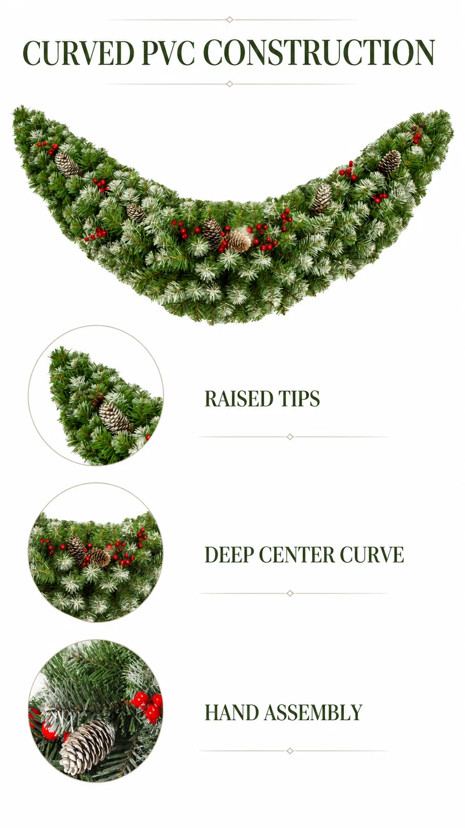 Custom Frosted Crescent Door Swag Artificial Christmas Garland with Pinecones and Red Berries for Mantel and Commercial Entrance product detail 2