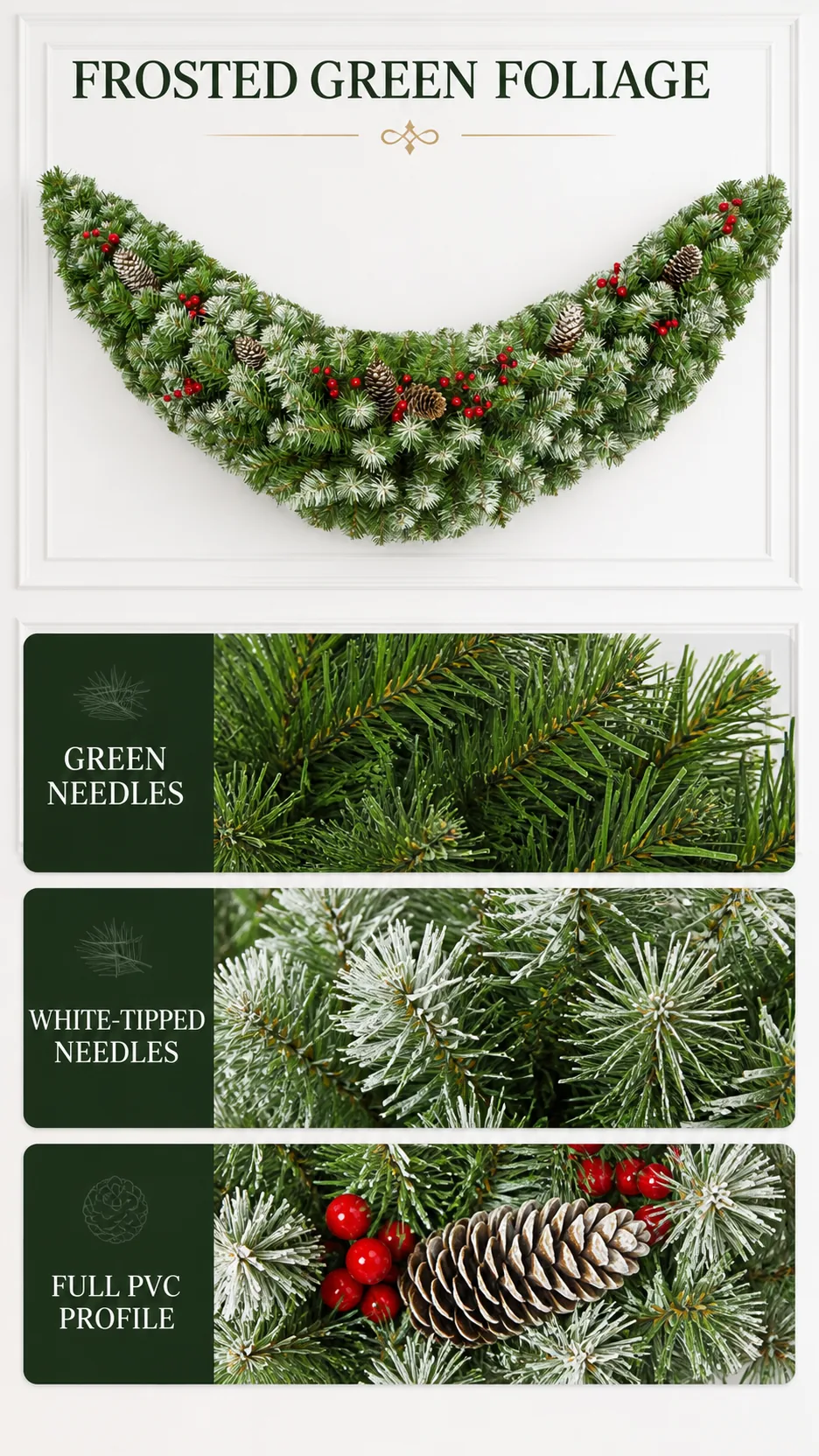 Custom Frosted Crescent Door Swag Artificial Christmas Garland with Pinecones and Red Berries for Mantel and Commercial Entrance product detail 3