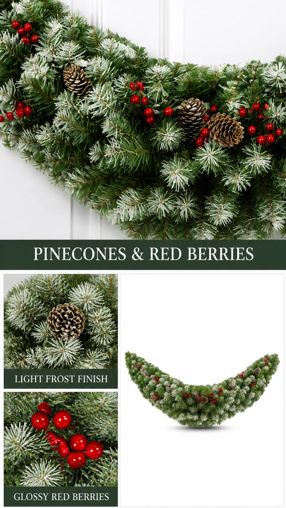 Custom Frosted Crescent Door Swag Artificial Christmas Garland with Pinecones and Red Berries for Mantel and Commercial Entrance product detail 4