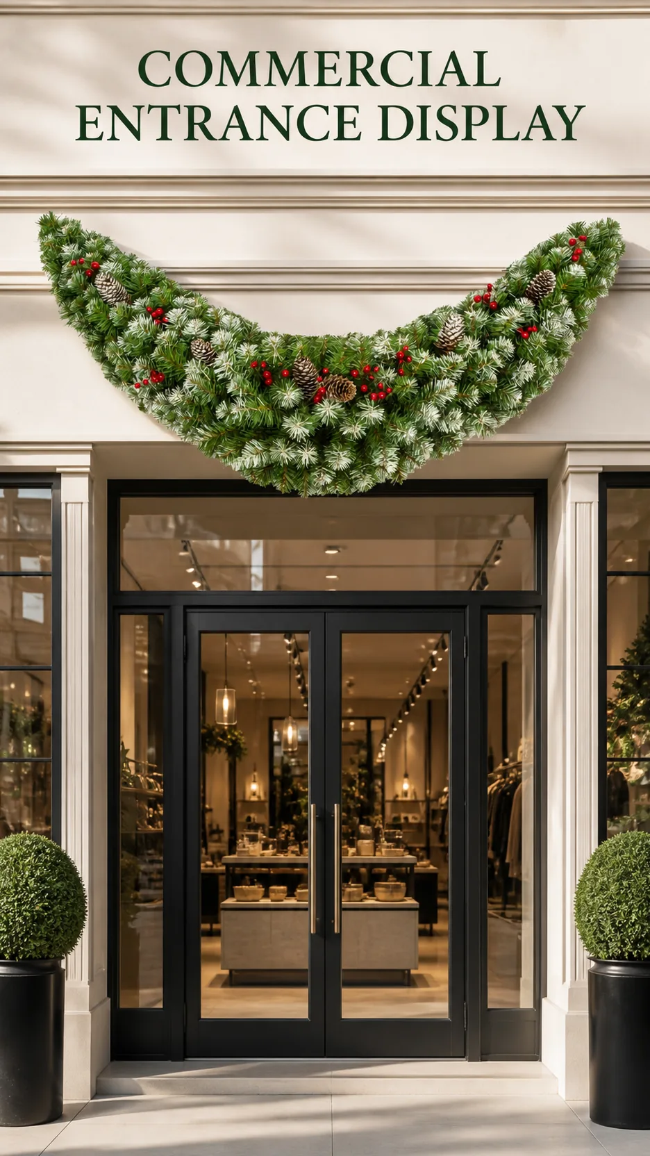 Custom Frosted Crescent Door Swag Artificial Christmas Garland with Pinecones and Red Berries for Mantel and Commercial Entrance product detail 7