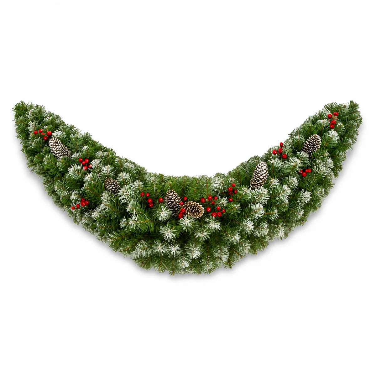 Custom Frosted Crescent Door Swag Artificial Christmas Garland with Pinecones and Red Berries for Mantel and Commercial Entrance