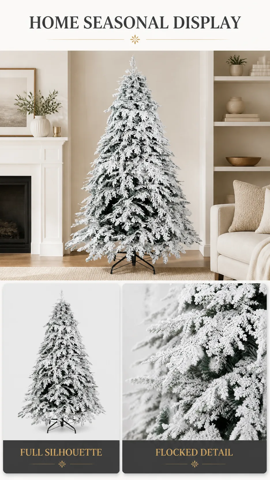 Luxury White Flocked PE Artificial Christmas Tree with Metal Stand for Home and Commercial Display product detail 6