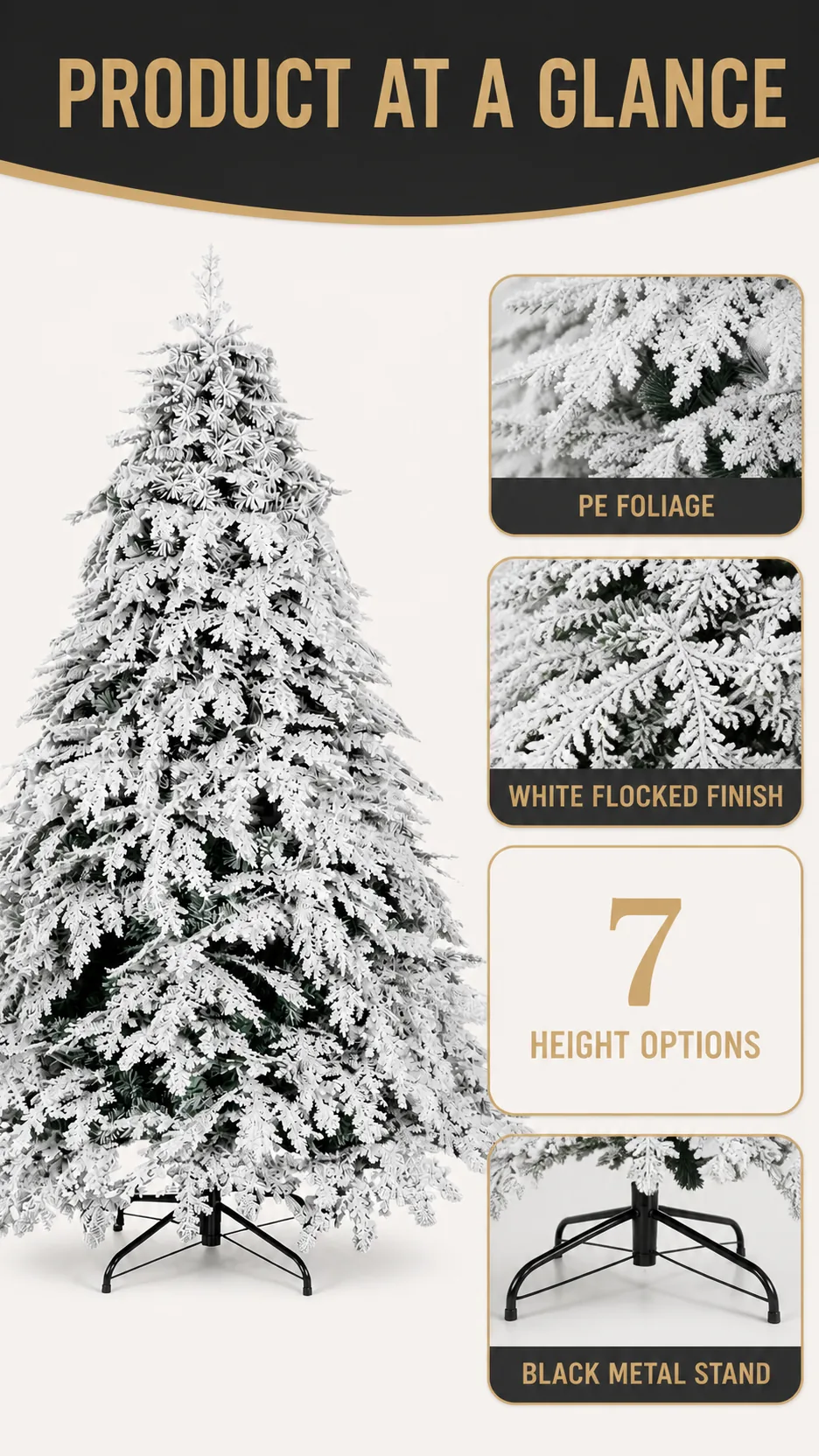 Luxury White Flocked PE Artificial Christmas Tree with Metal Stand for Home and Commercial Display product detail 8