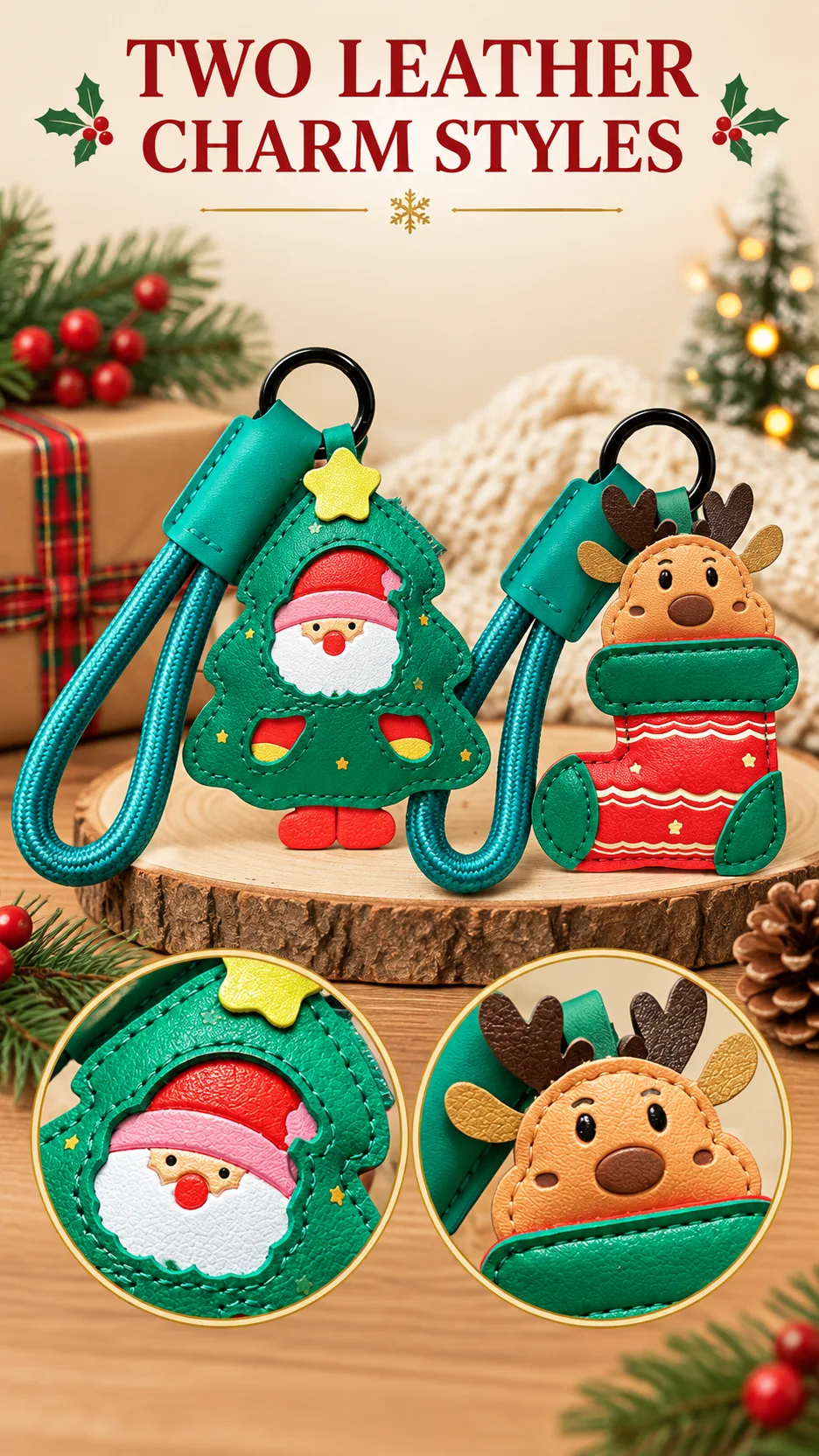 Cute Christmas Leather Keychain Santa Claus Reindeer Bag Charm Holiday Gift product detail 1