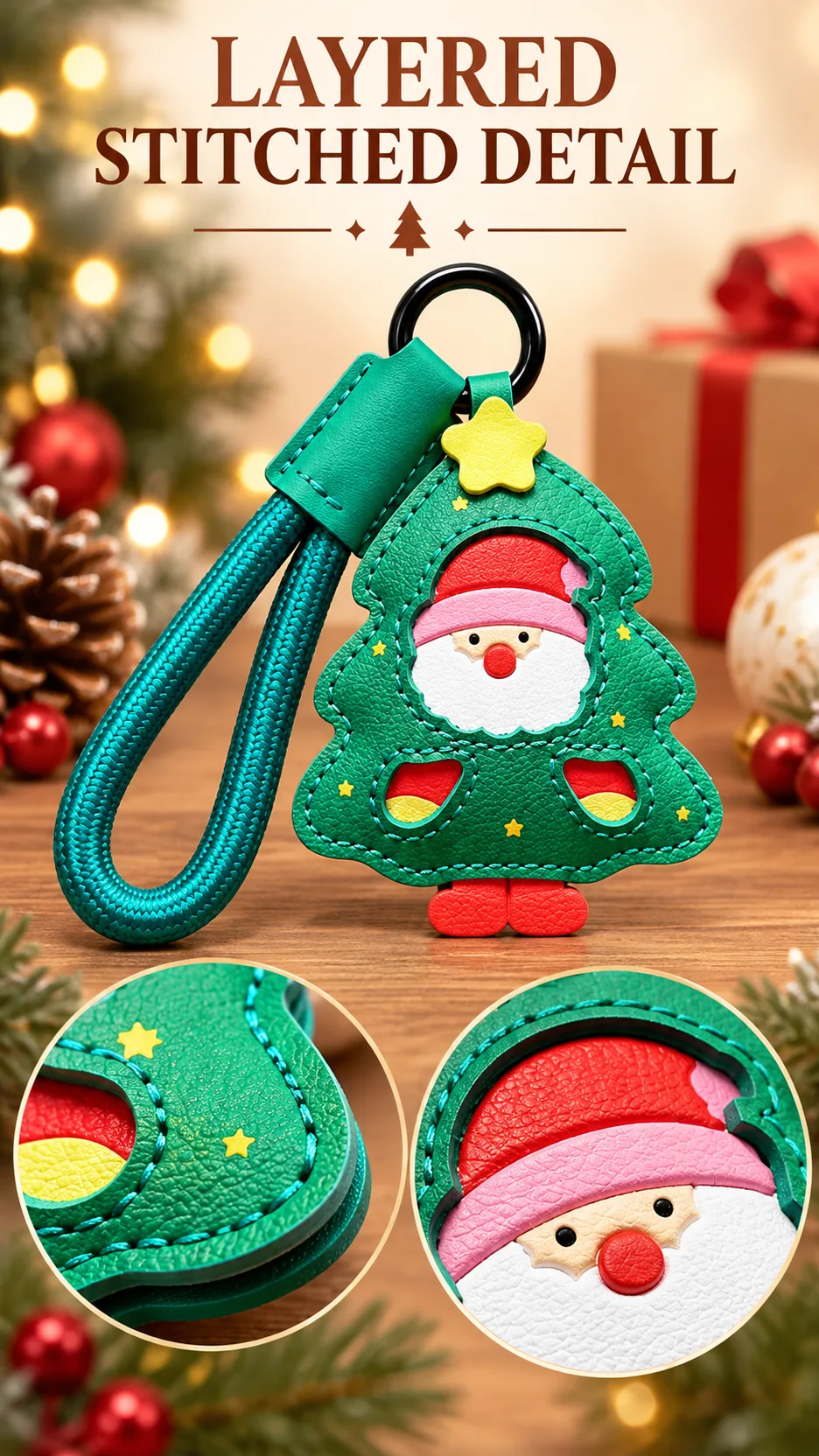 Cute Christmas Leather Keychain Santa Claus Reindeer Bag Charm Holiday Gift product detail 2