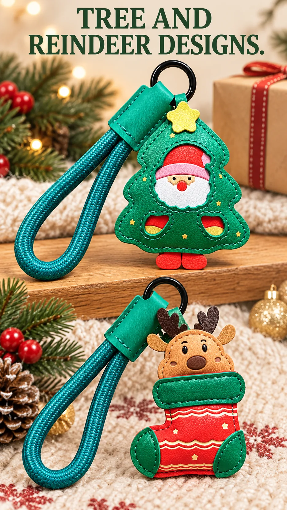 Cute Christmas Leather Keychain Santa Claus Reindeer Bag Charm Holiday Gift product detail 3