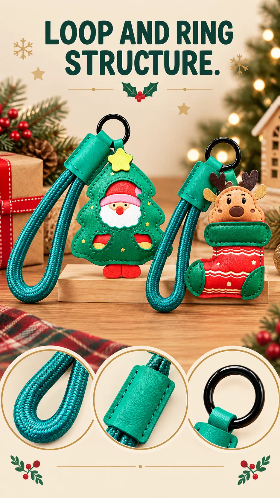 Cute Christmas Leather Keychain Santa Claus Reindeer Bag Charm Holiday Gift product detail 4