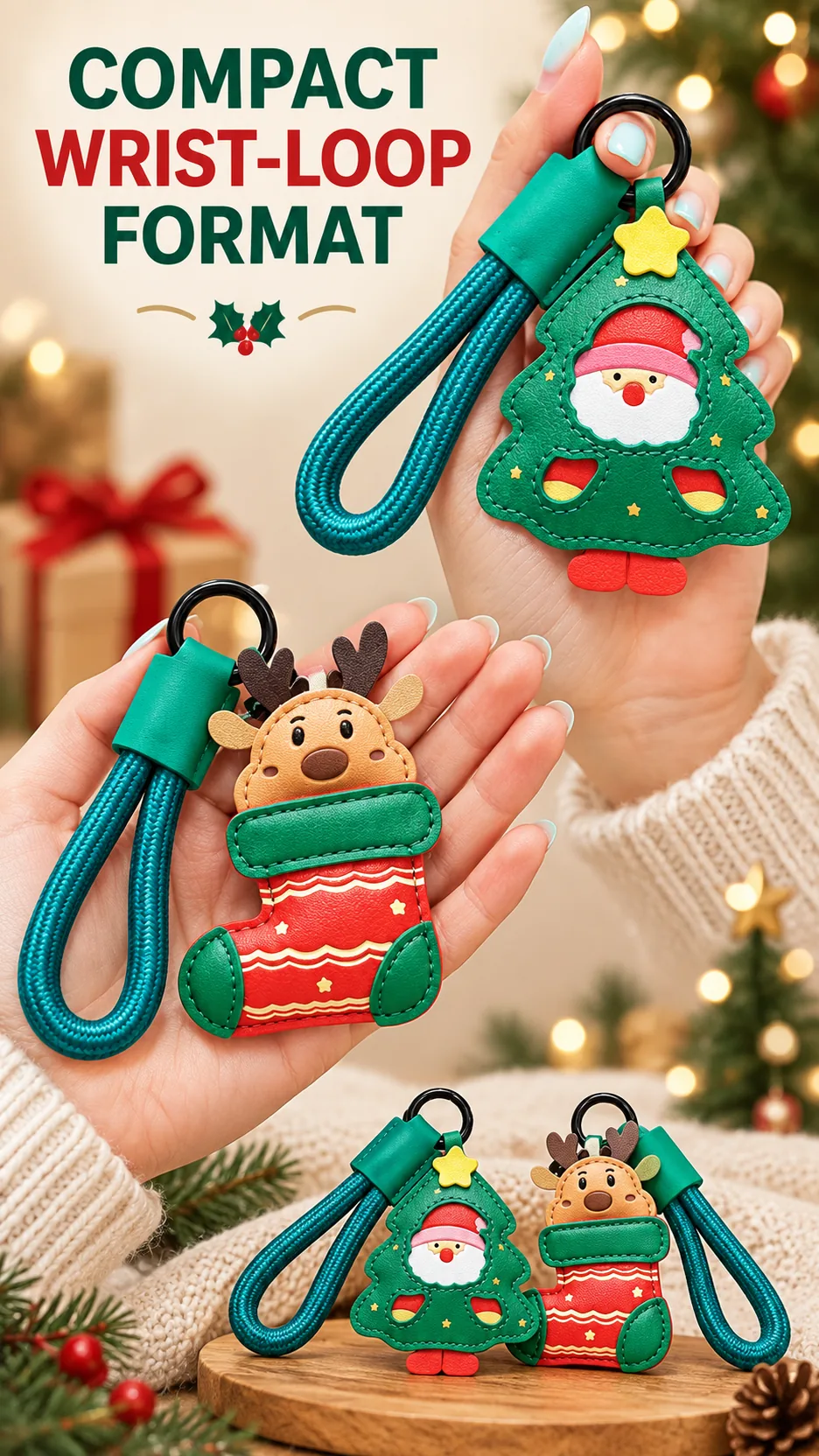 Cute Christmas Leather Keychain Santa Claus Reindeer Bag Charm Holiday Gift product detail 5