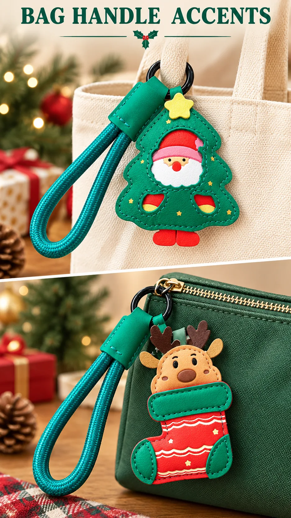 Cute Christmas Leather Keychain Santa Claus Reindeer Bag Charm Holiday Gift product detail 6