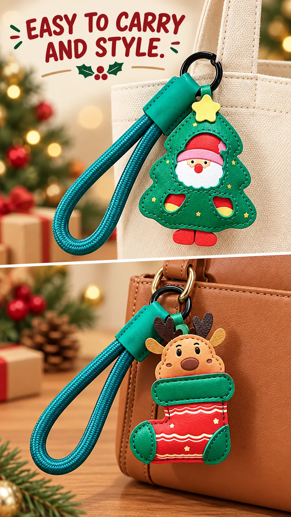 Cute Christmas Leather Keychain Santa Claus Reindeer Bag Charm Holiday Gift product detail 7