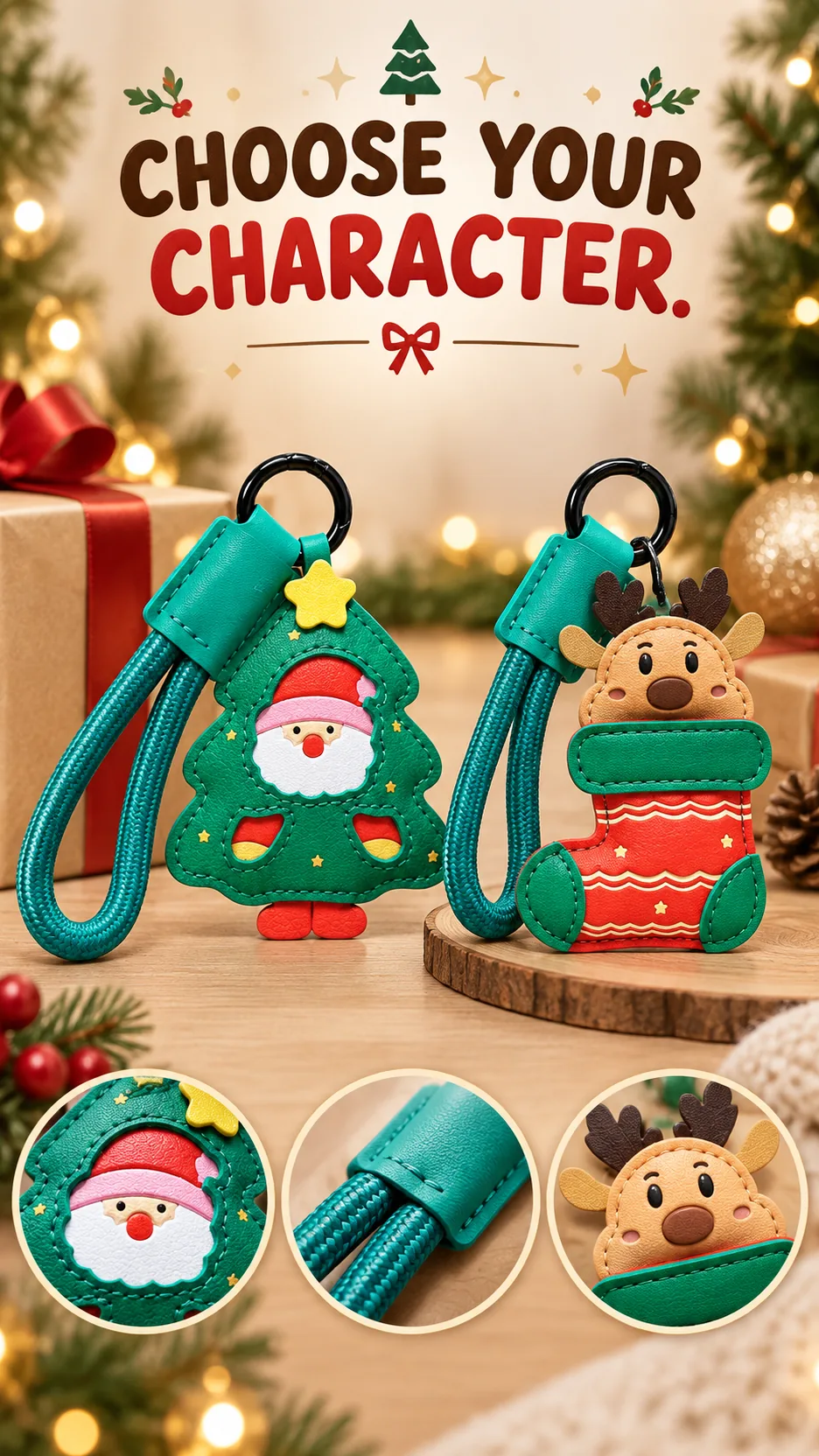 Cute Christmas Leather Keychain Santa Claus Reindeer Bag Charm Holiday Gift product detail 8