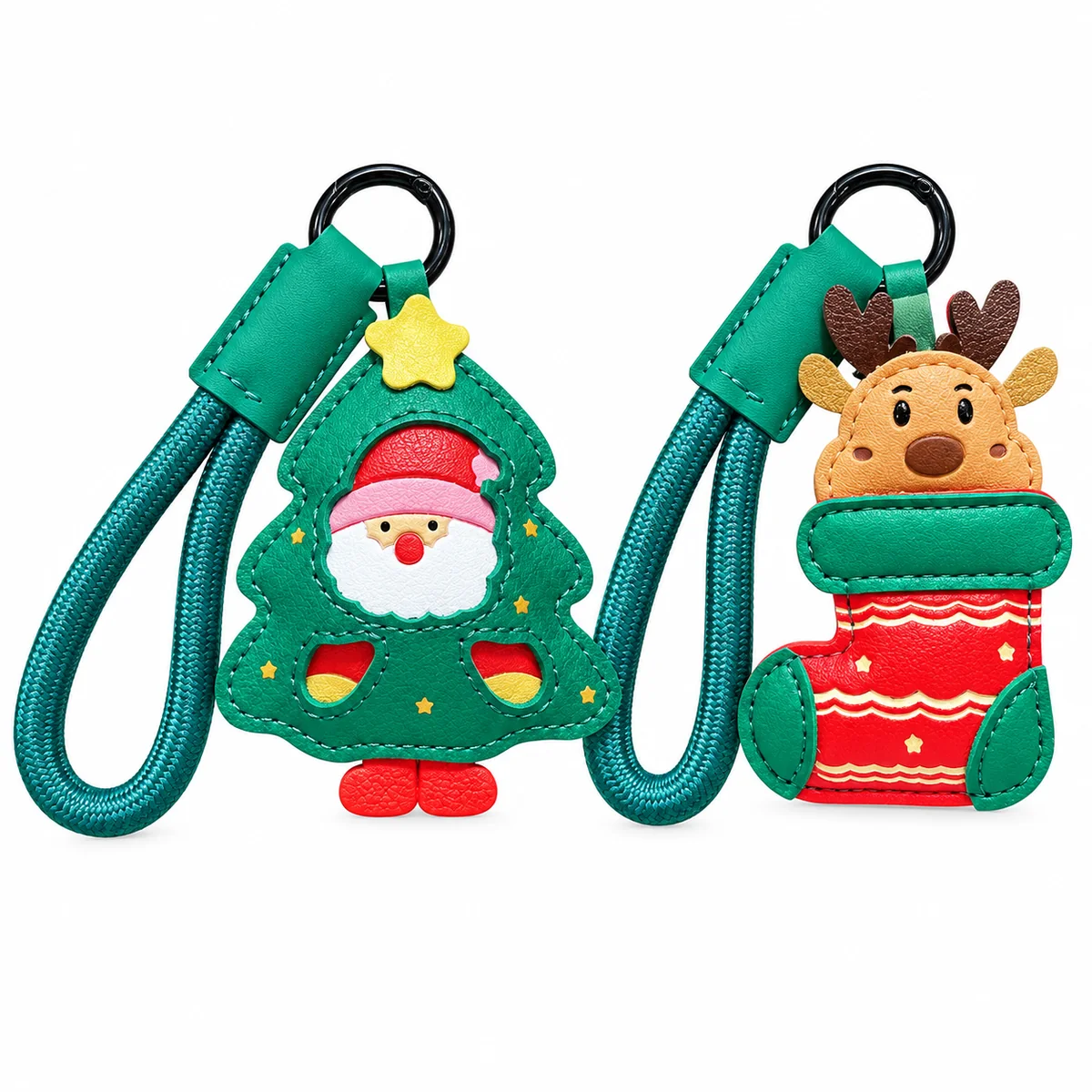Cute Christmas Leather Keychain Santa Claus Reindeer Bag Charm Holiday Gift