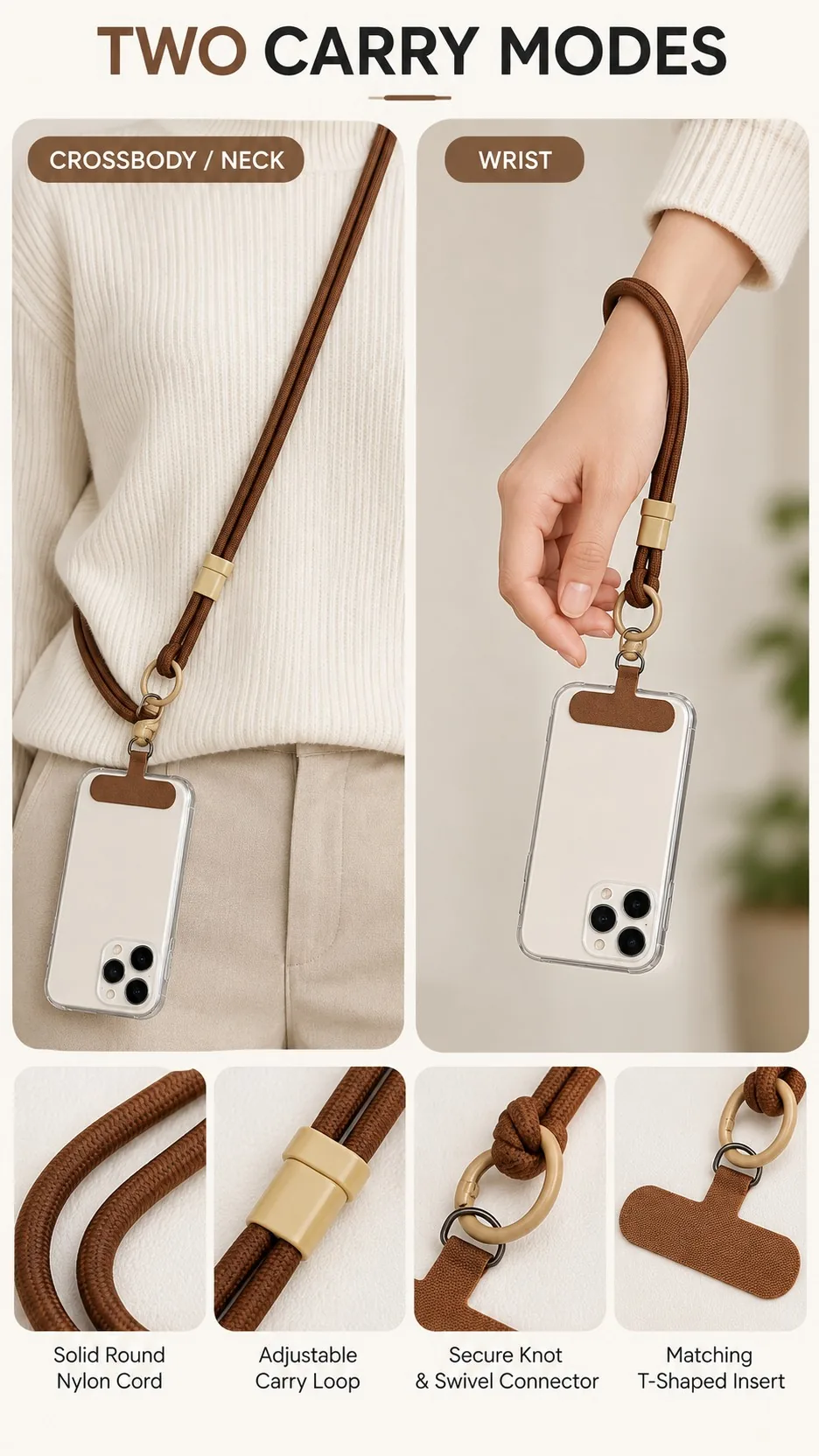 Adjustable Two-Way Nylon Phone Lanyard Crossbody Neck Strap with T-Shape Insert product detail 4