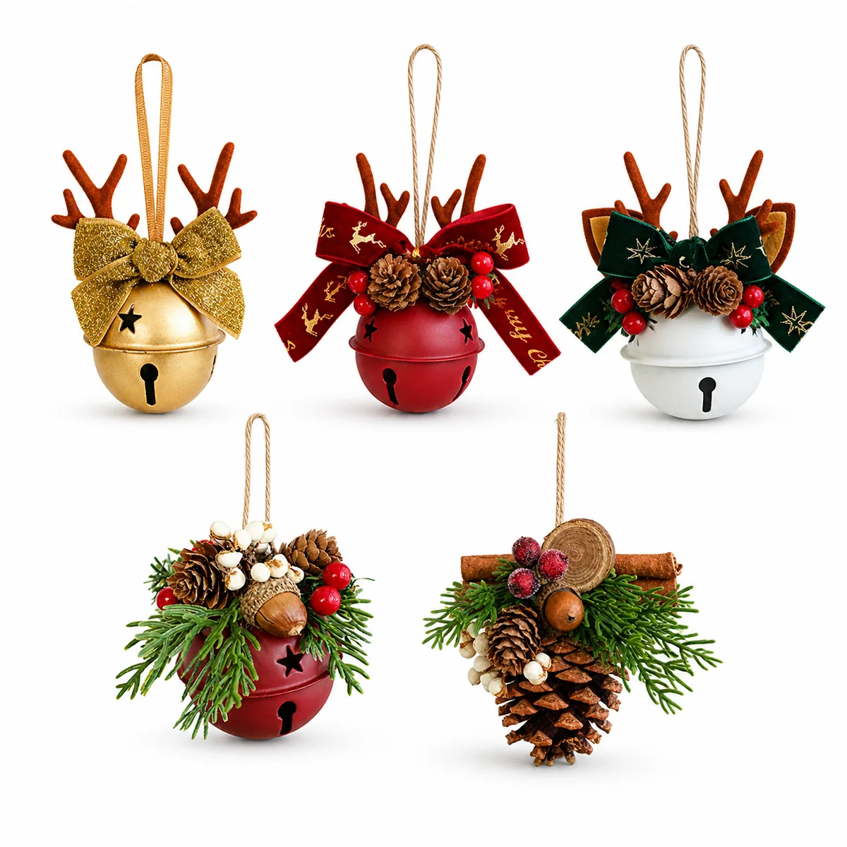 Reindeer Bow and Bell Christmas Ornaments