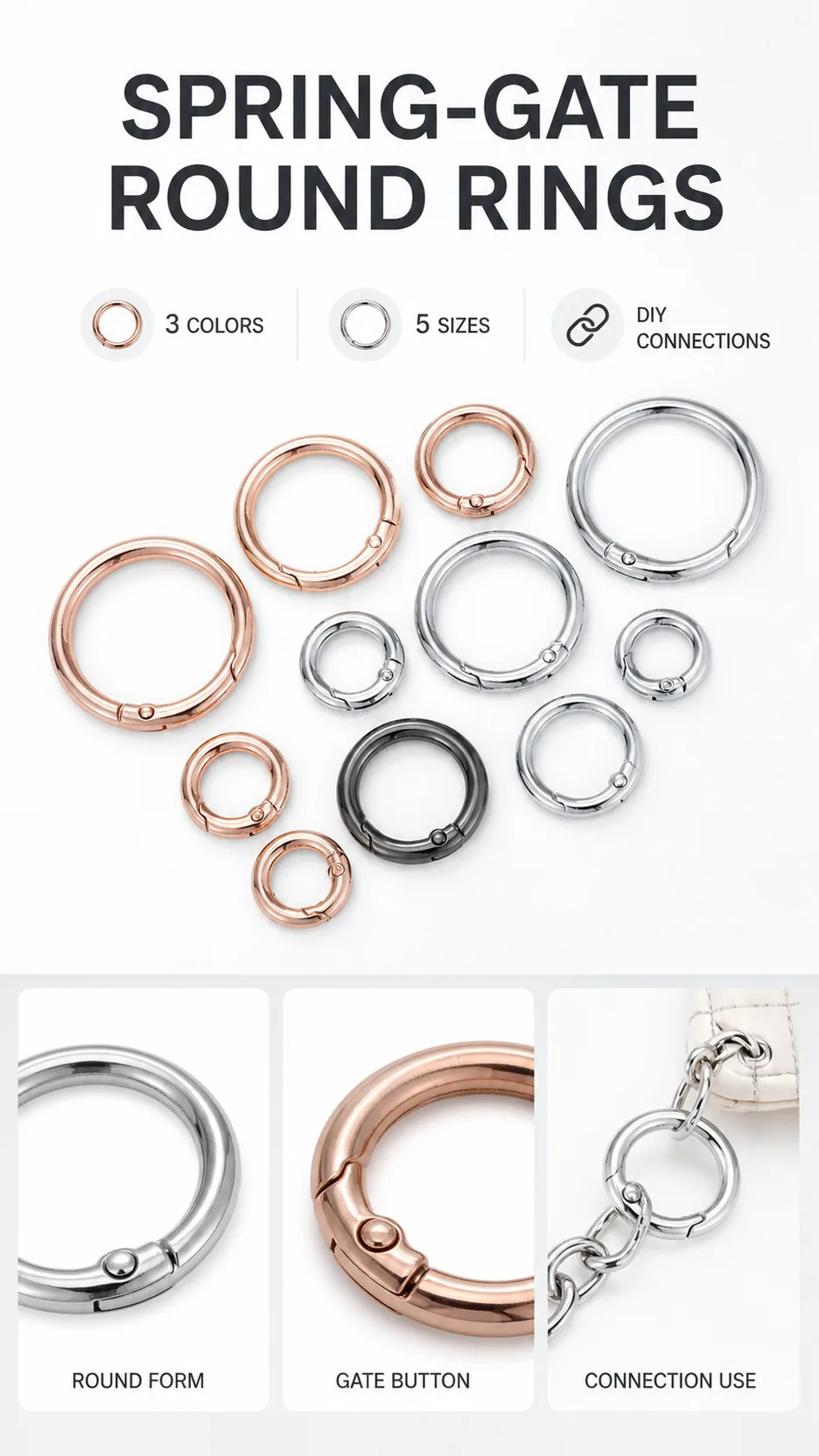 Zinc Alloy Spring Gate Round Rings DIY Bag Accessories Metal Connector Keychain Hooks product detail 1