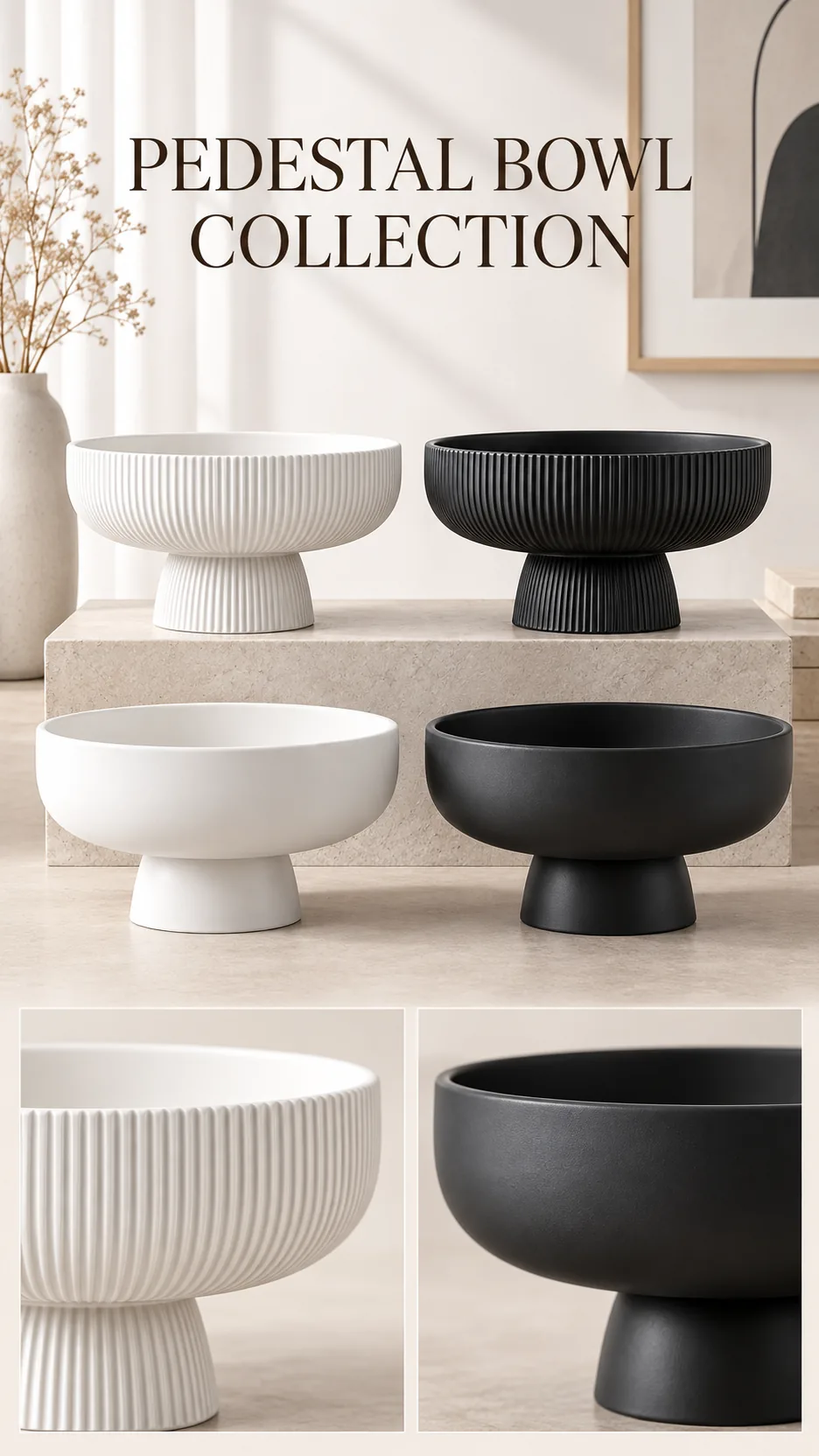 Modern Minimalist Ceramic Pedestal Bowl Vase Ribbed and Smooth Glazed Flower Arrangement Home Decor product detail 1