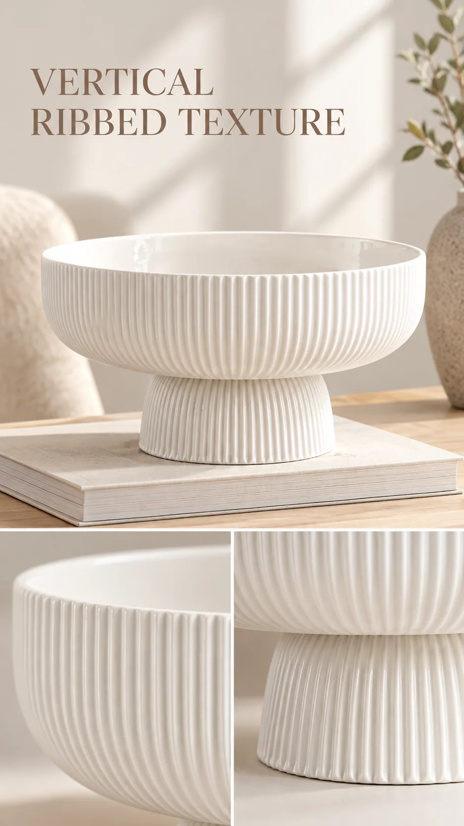 Modern Minimalist Ceramic Pedestal Bowl Vase Ribbed and Smooth Glazed Flower Arrangement Home Decor product detail 2