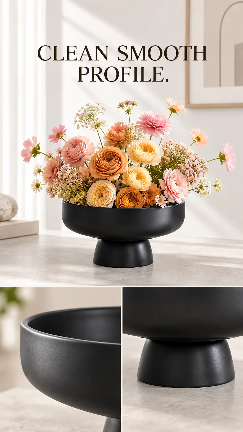 Modern Minimalist Ceramic Pedestal Bowl Vase Ribbed and Smooth Glazed Flower Arrangement Home Decor product detail 3