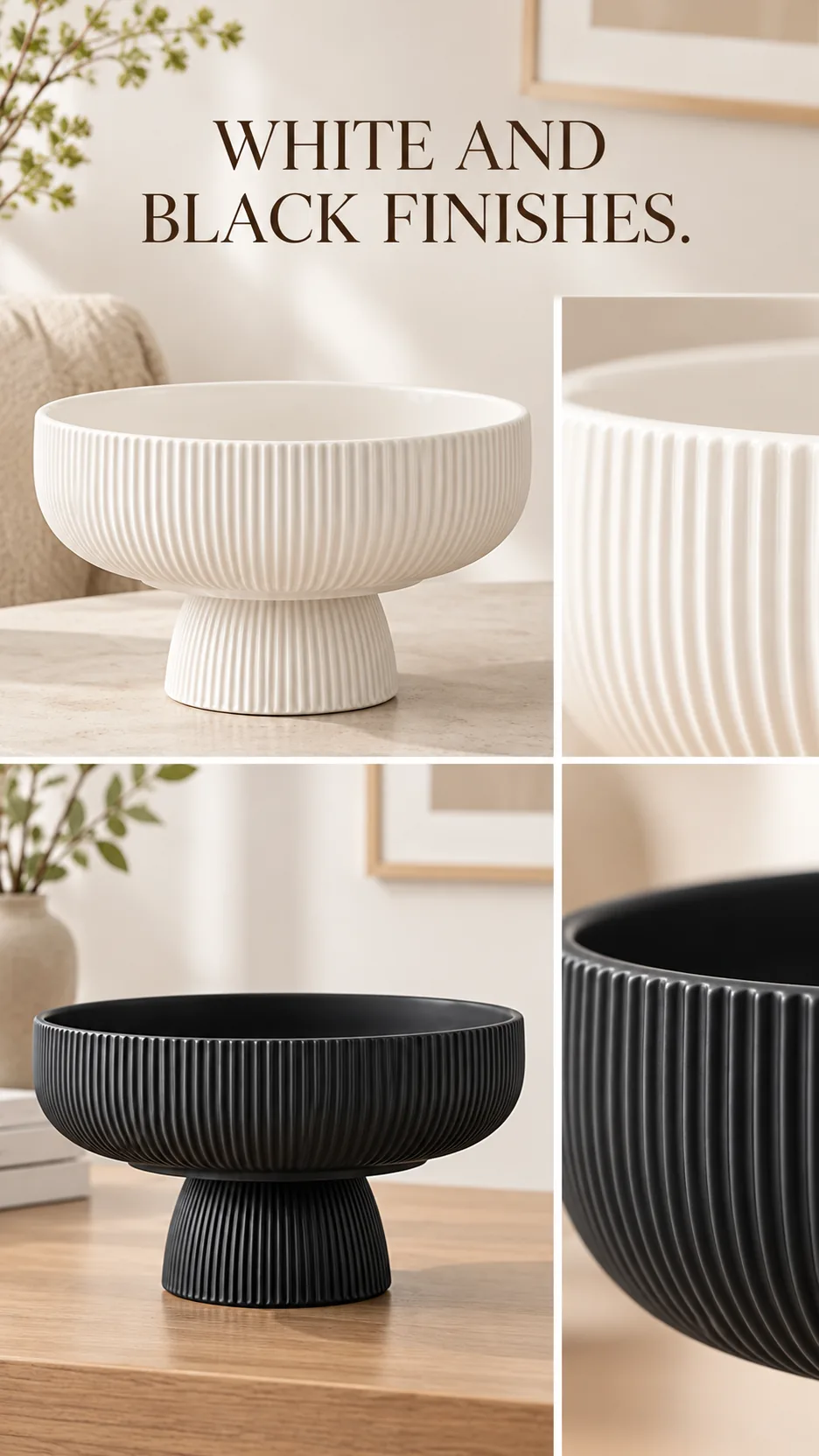 Modern Minimalist Ceramic Pedestal Bowl Vase Ribbed and Smooth Glazed Flower Arrangement Home Decor product detail 5