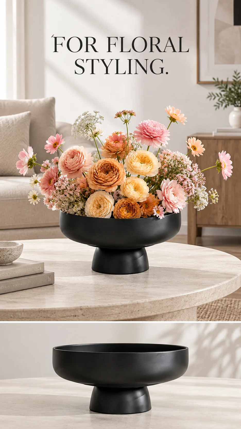 Modern Minimalist Ceramic Pedestal Bowl Vase Ribbed and Smooth Glazed Flower Arrangement Home Decor product detail 6
