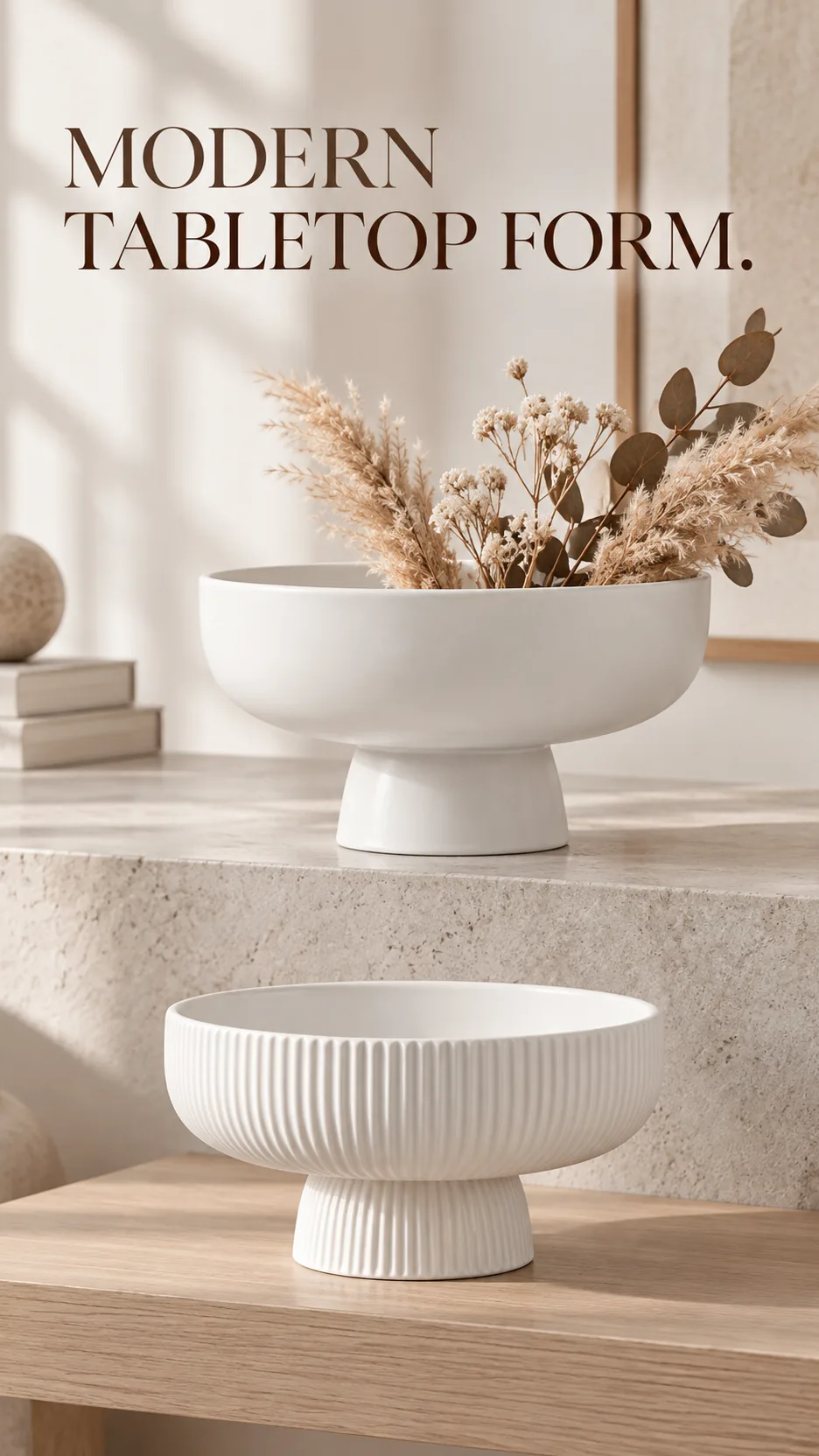 Modern Minimalist Ceramic Pedestal Bowl Vase Ribbed and Smooth Glazed Flower Arrangement Home Decor product detail 7