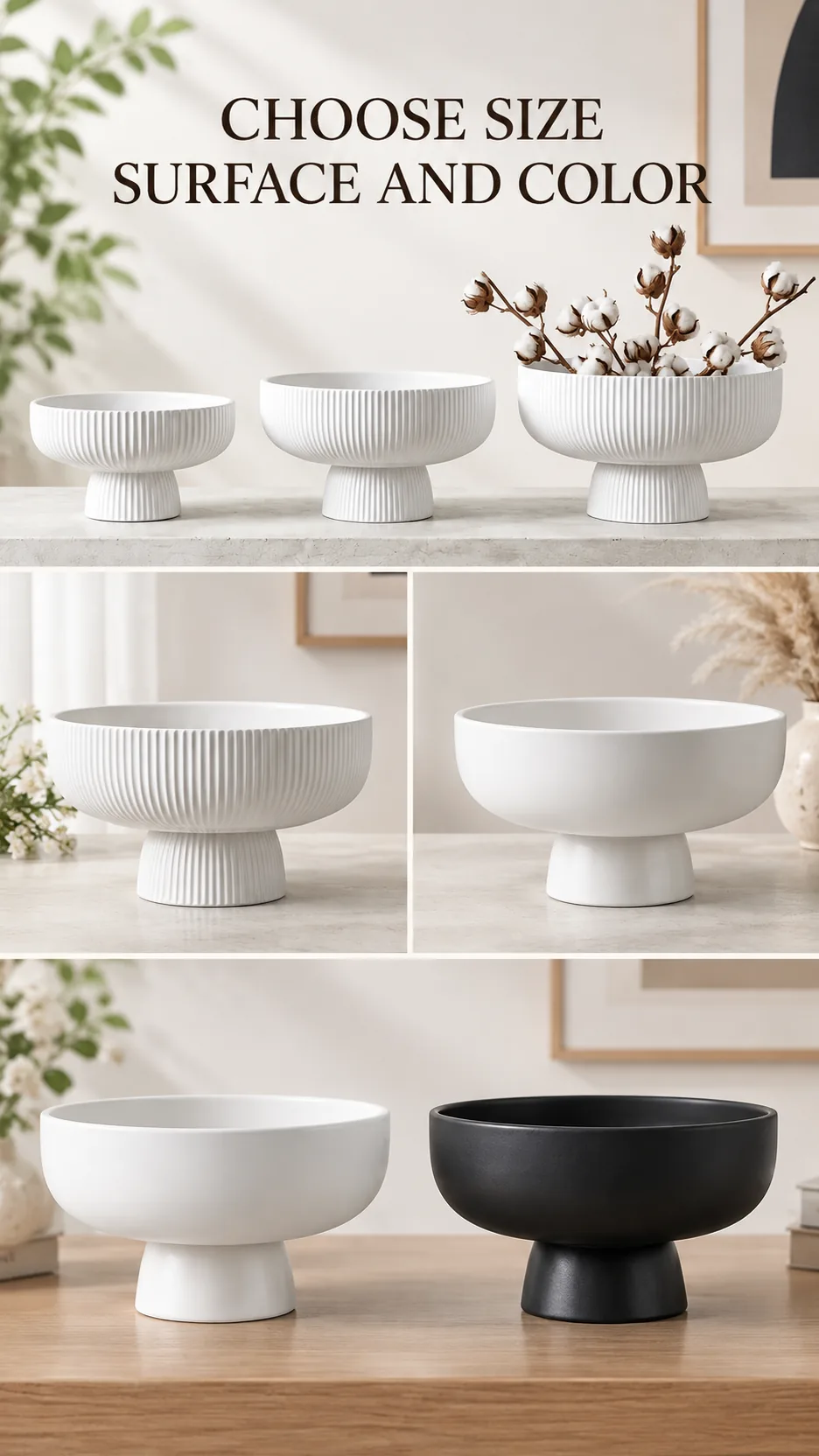 Modern Minimalist Ceramic Pedestal Bowl Vase Ribbed and Smooth Glazed Flower Arrangement Home Decor product detail 8