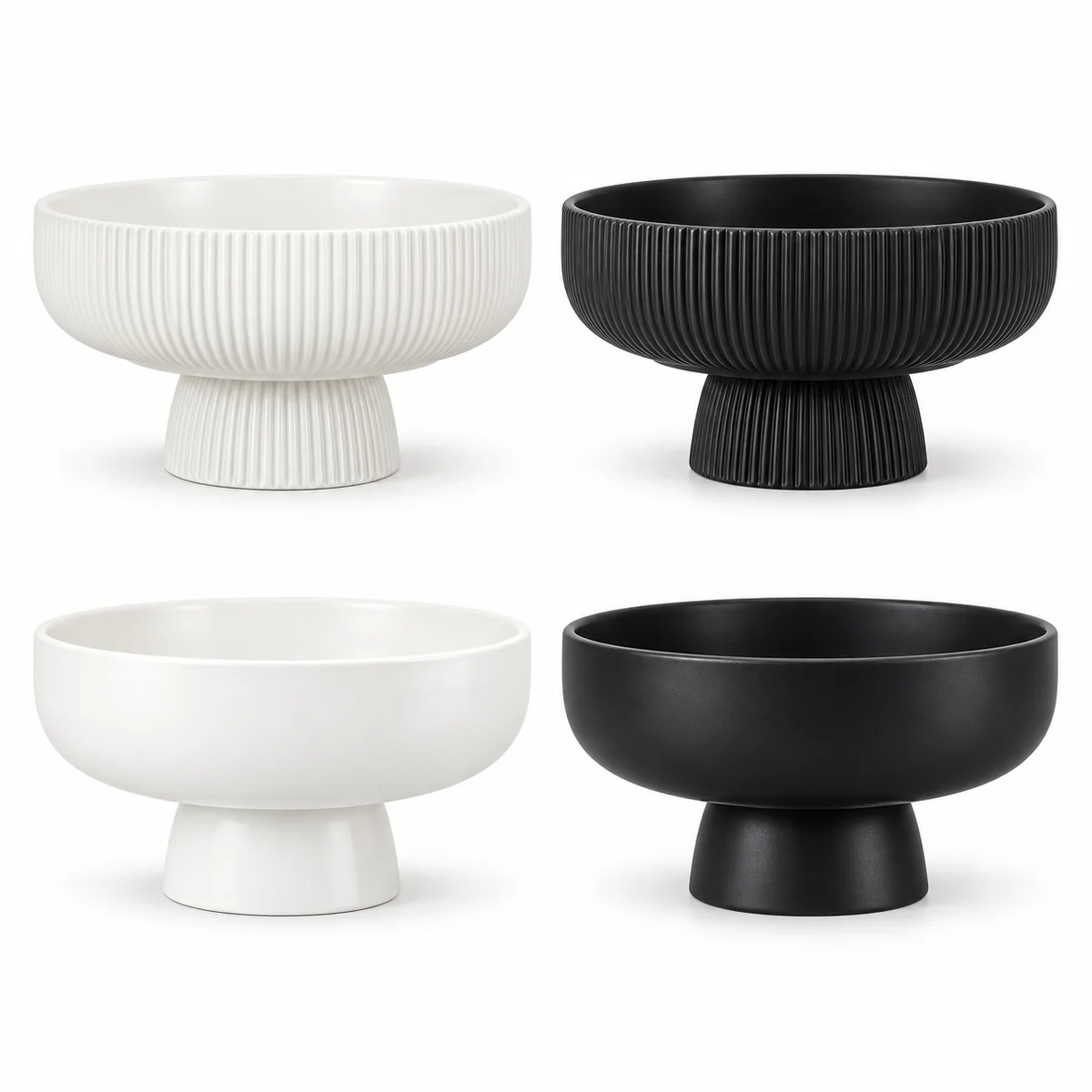 Modern Minimalist Ceramic Pedestal Bowl Vase Ribbed and Smooth Glazed Flower Arrangement Home Decor