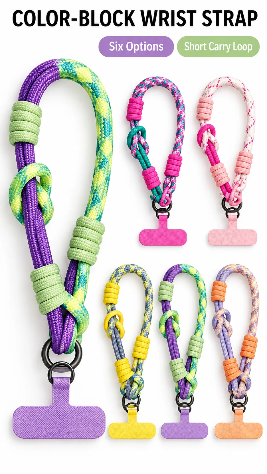 Color Block Braided Polyester Short Wrist Strap Phone Lanyard with Metal Hook and T-Tab product detail 1