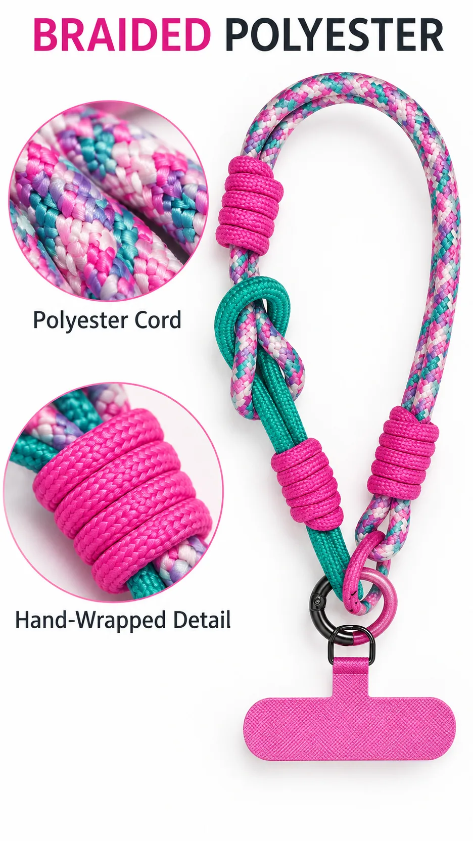 Color Block Braided Polyester Short Wrist Strap Phone Lanyard with Metal Hook and T-Tab product detail 2