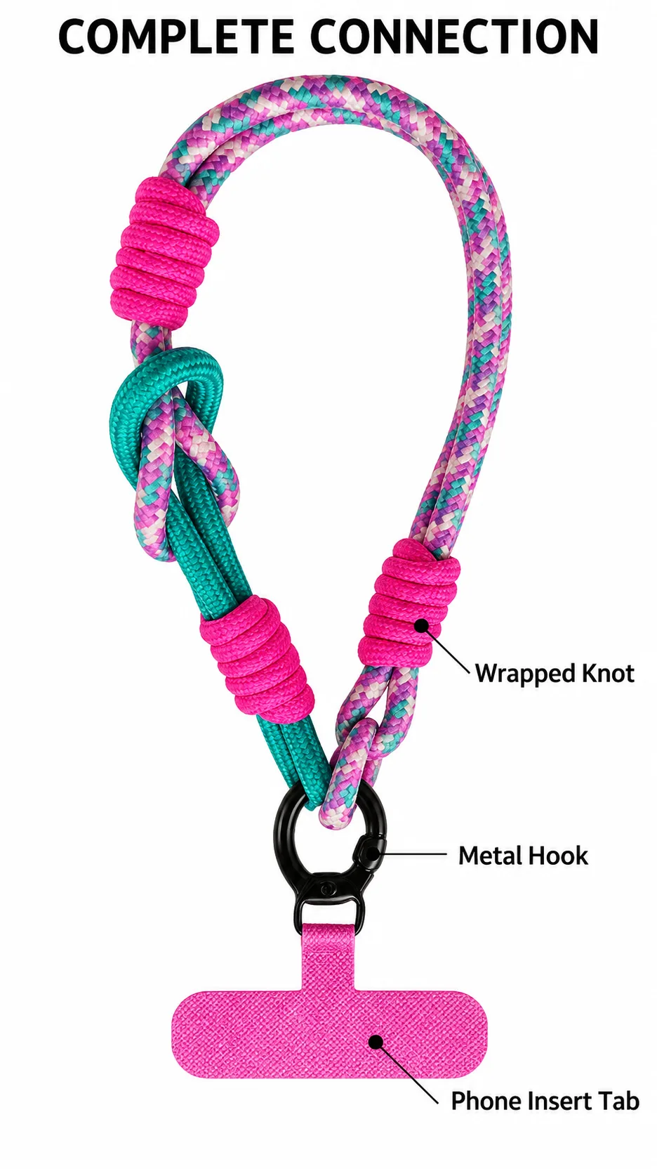 Color Block Braided Polyester Short Wrist Strap Phone Lanyard with Metal Hook and T-Tab product detail 3