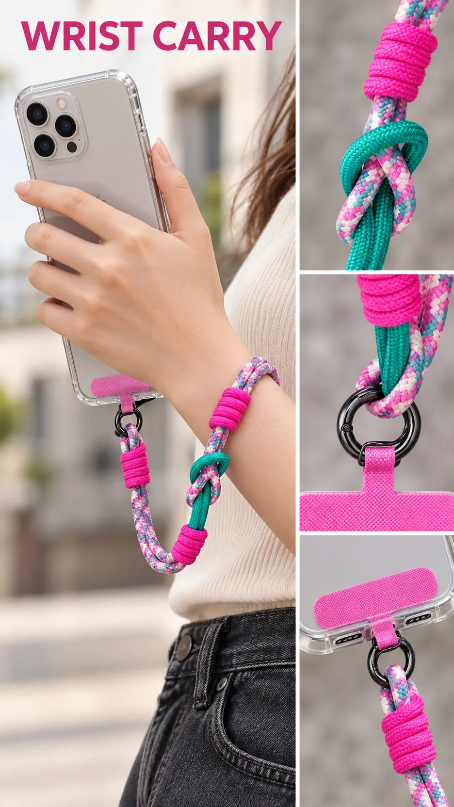 Color Block Braided Polyester Short Wrist Strap Phone Lanyard with Metal Hook and T-Tab product detail 6