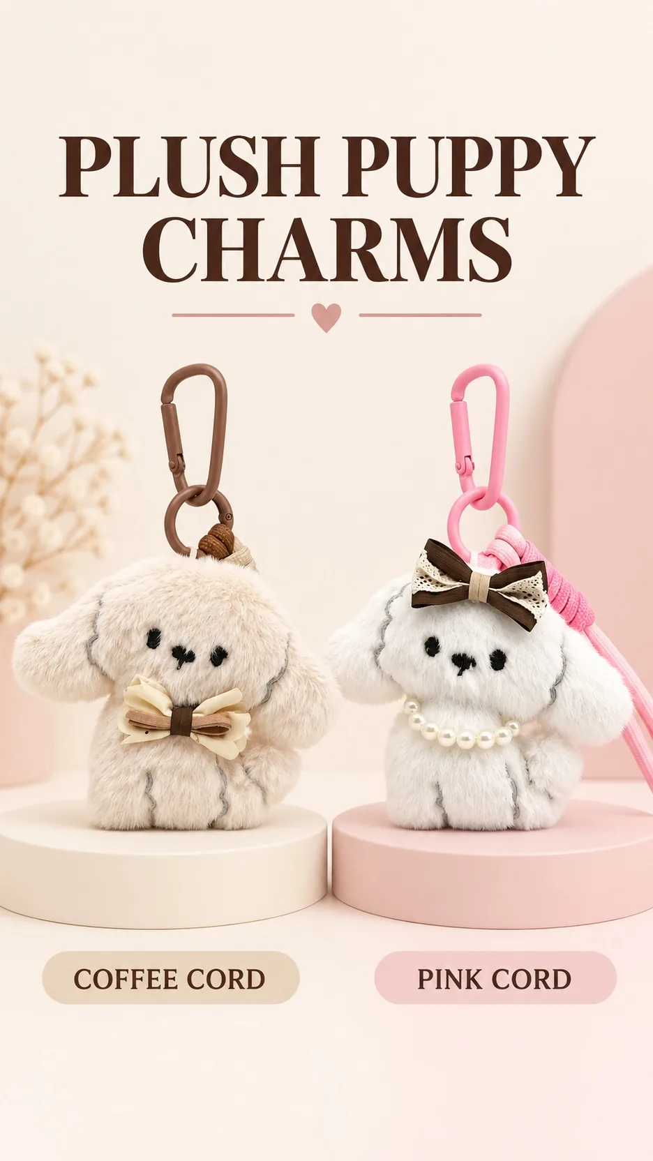 Cute Plush Puppy Dog Keychain Bag Charm with Carabiner and Bow Tie product detail 1