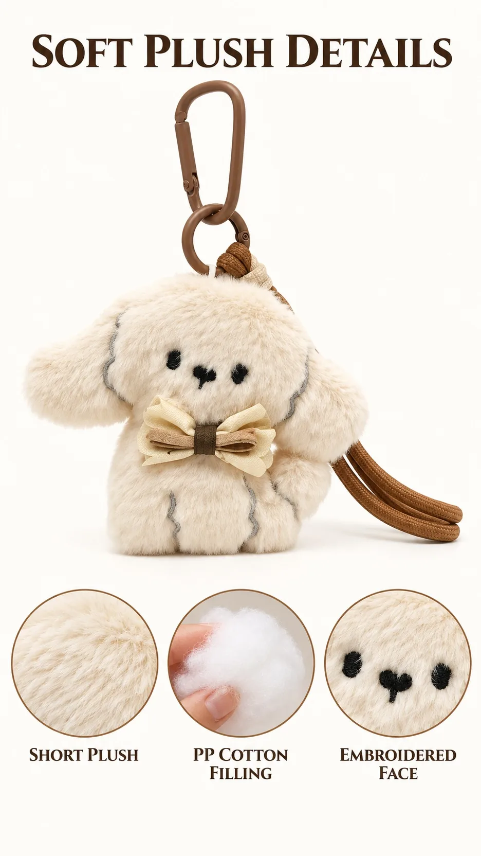 Cute Plush Puppy Dog Keychain Bag Charm with Carabiner and Bow Tie product detail 2