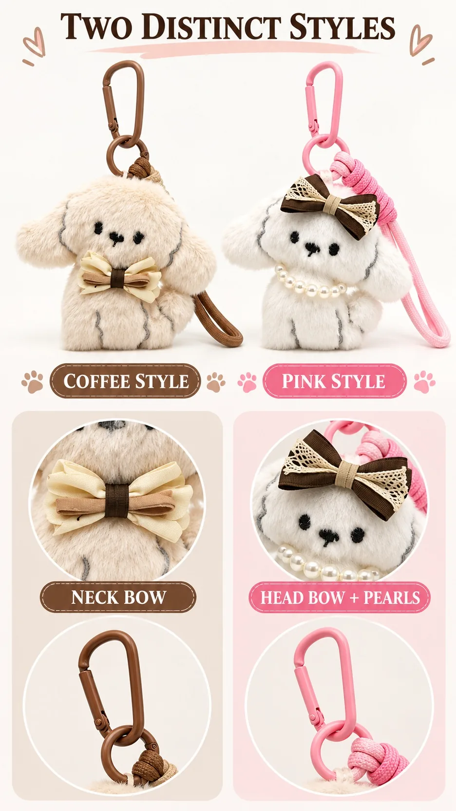 Cute Plush Puppy Dog Keychain Bag Charm with Carabiner and Bow Tie product detail 3