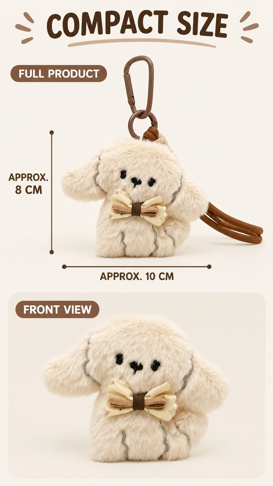 Cute Plush Puppy Dog Keychain Bag Charm with Carabiner and Bow Tie product detail 4