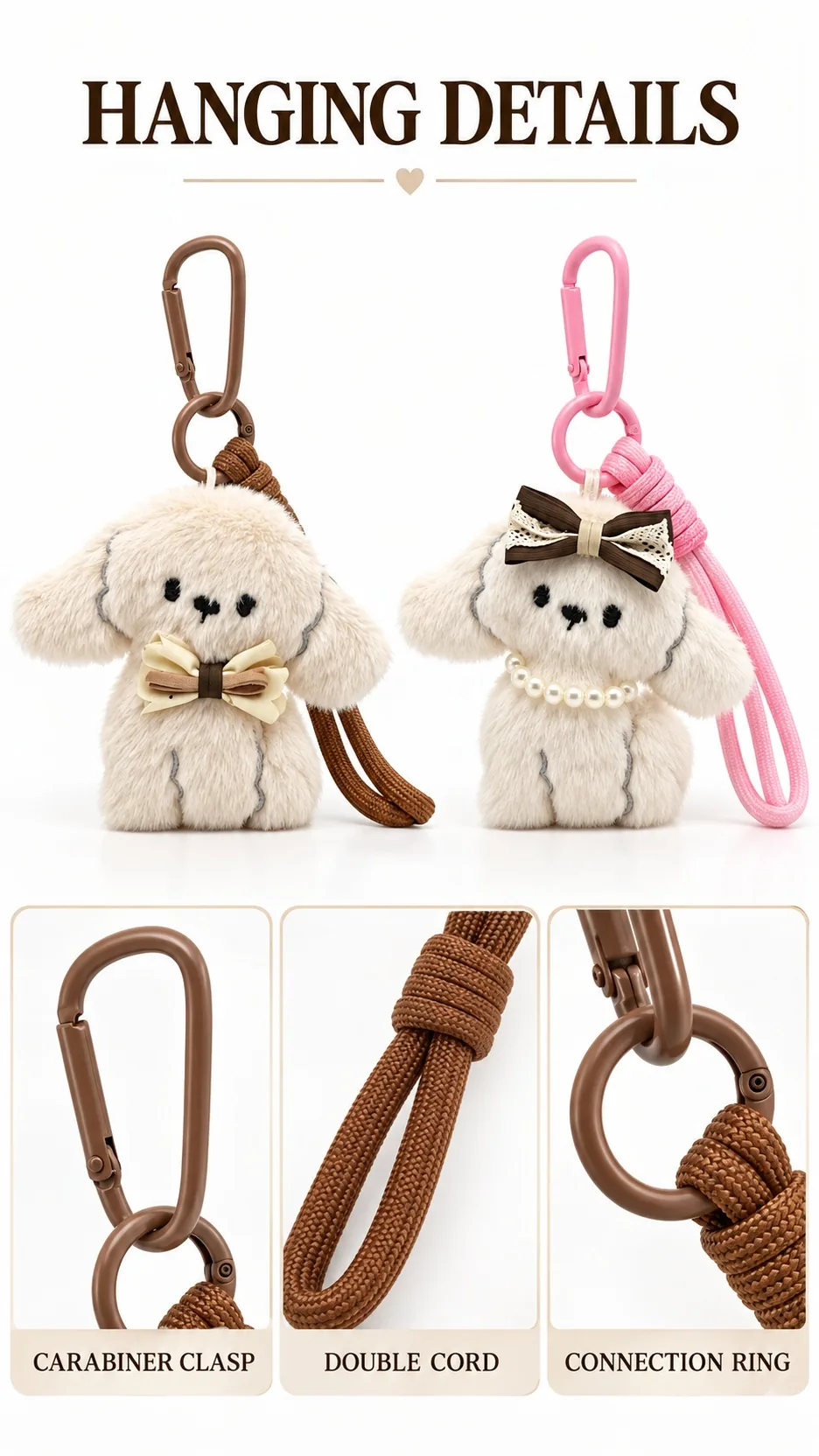 Cute Plush Puppy Dog Keychain Bag Charm with Carabiner and Bow Tie product detail 5