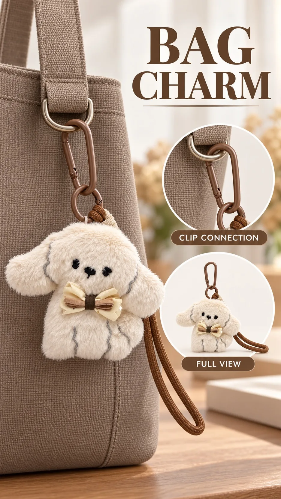 Cute Plush Puppy Dog Keychain Bag Charm with Carabiner and Bow Tie product detail 6