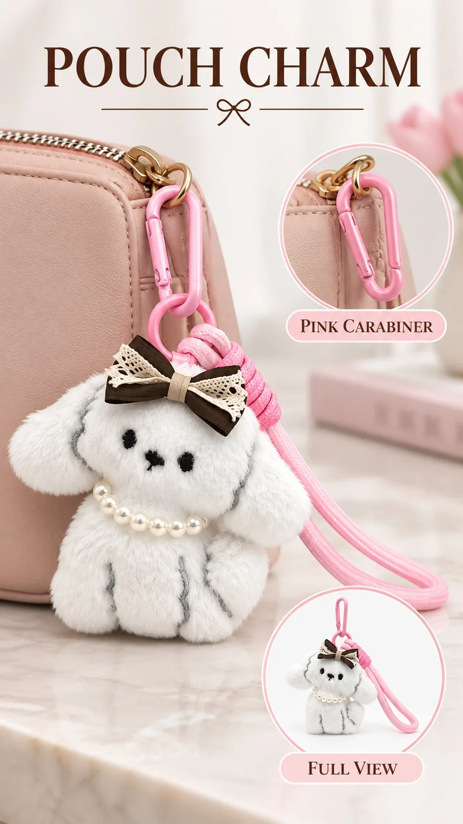 Cute Plush Puppy Dog Keychain Bag Charm with Carabiner and Bow Tie product detail 7