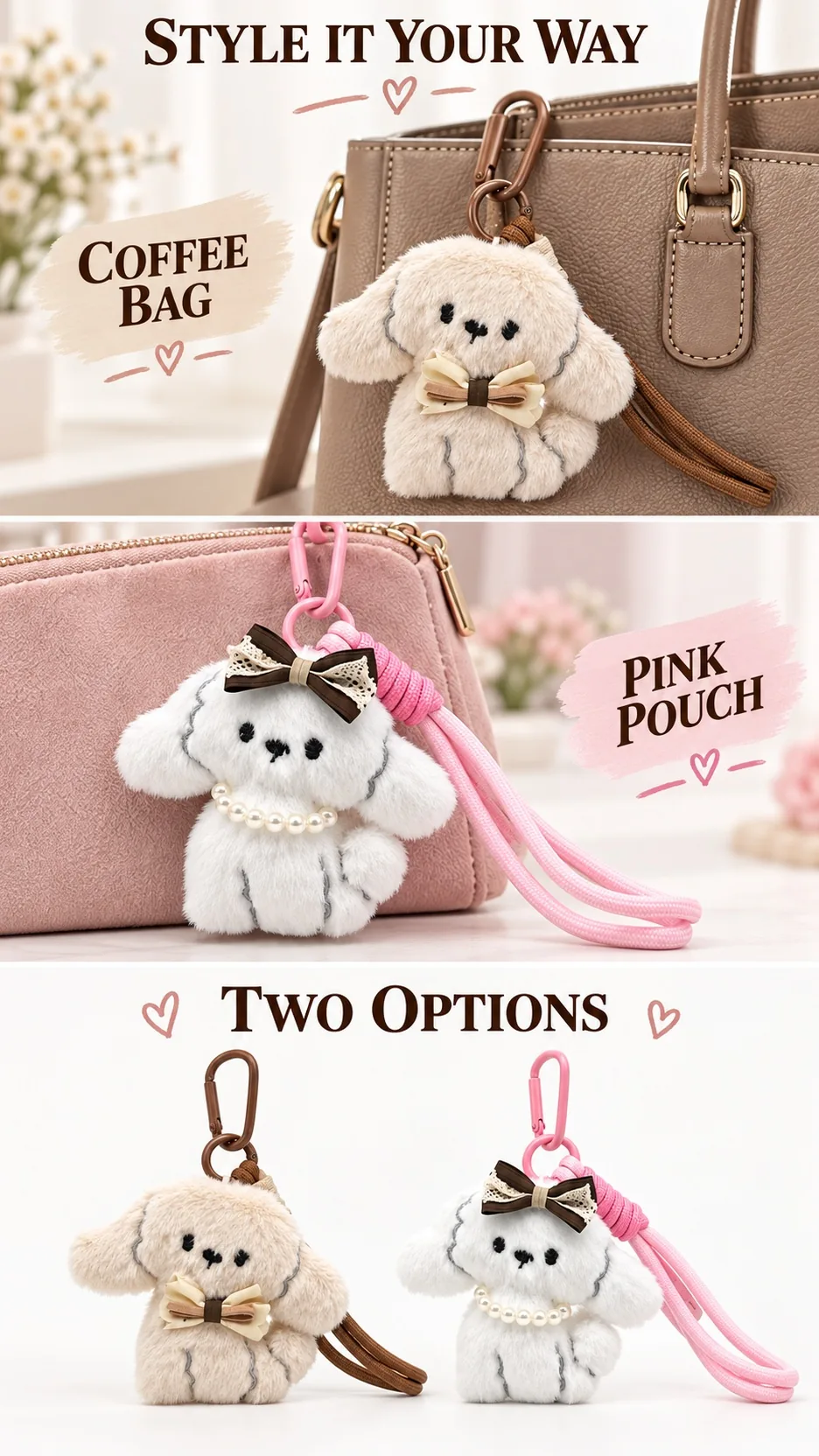 Cute Plush Puppy Dog Keychain Bag Charm with Carabiner and Bow Tie product detail 8