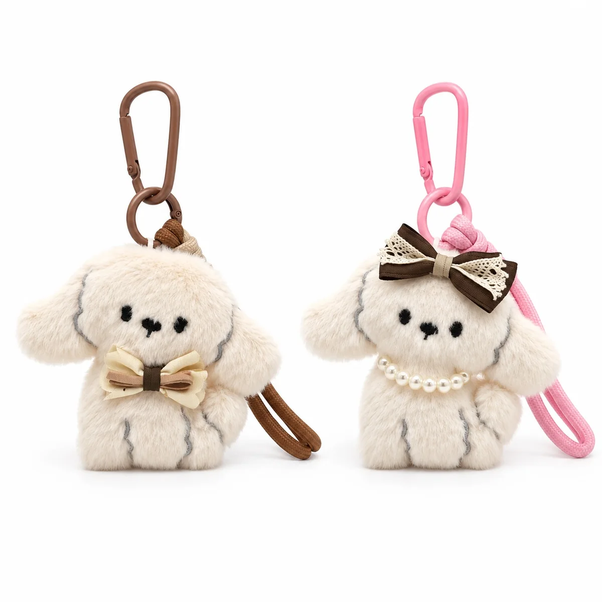 Cute Plush Puppy Dog Keychain Bag Charm with Carabiner and Bow Tie