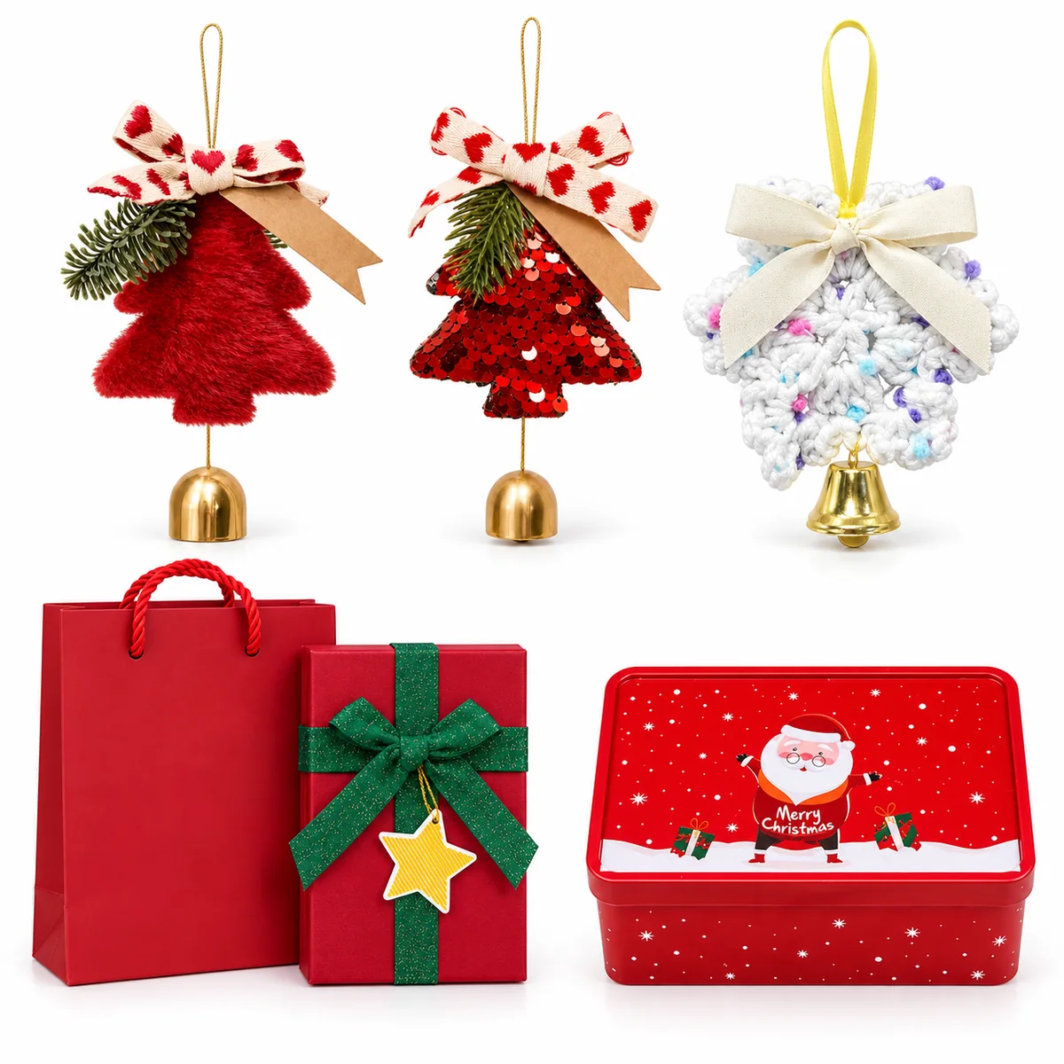 Christmas Plush Tree and Crochet Snowflake Hanging Ornaments with Bell